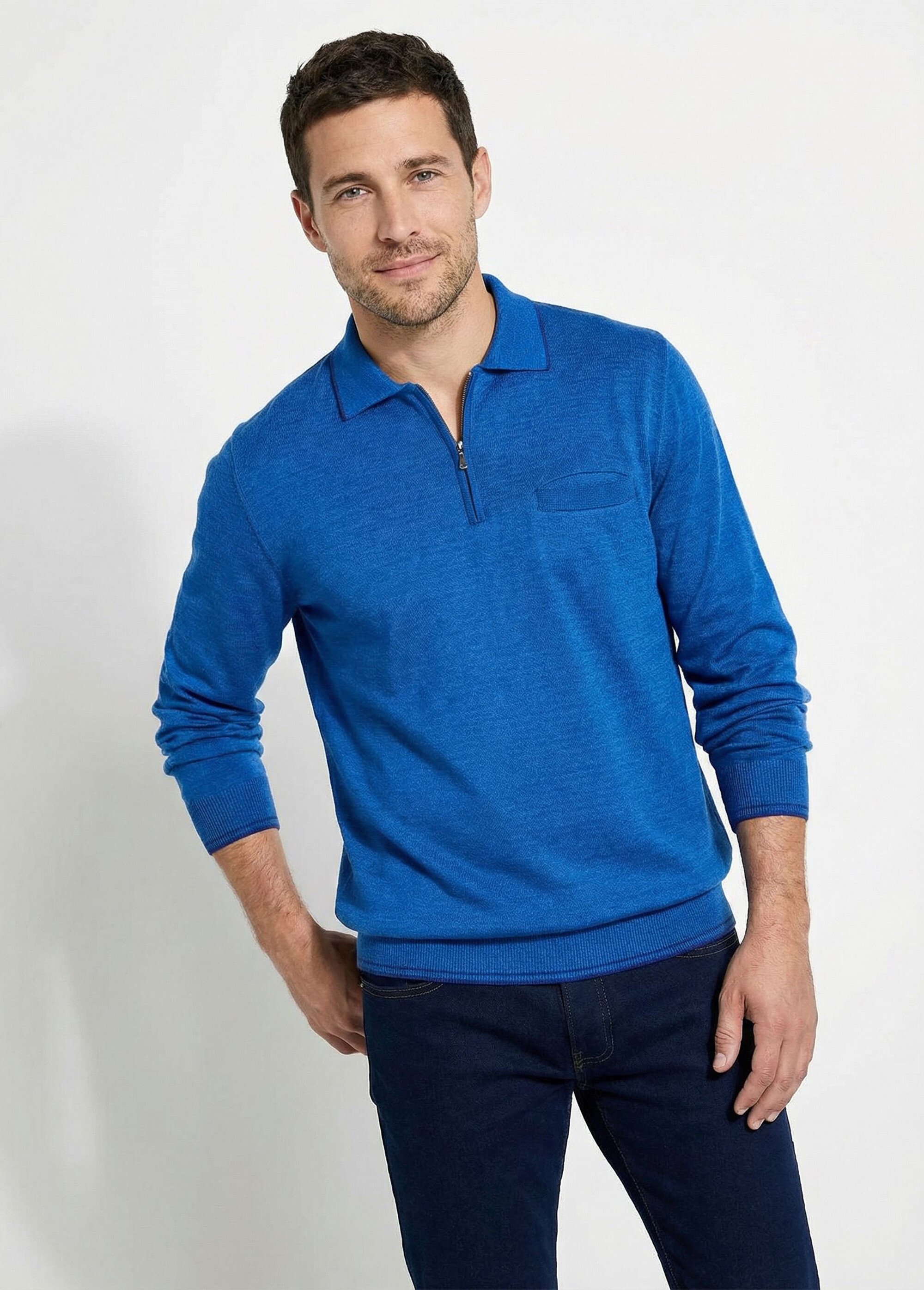Pull col polo zippé manches longues Homme BLEU ENCRE FALCO MV1