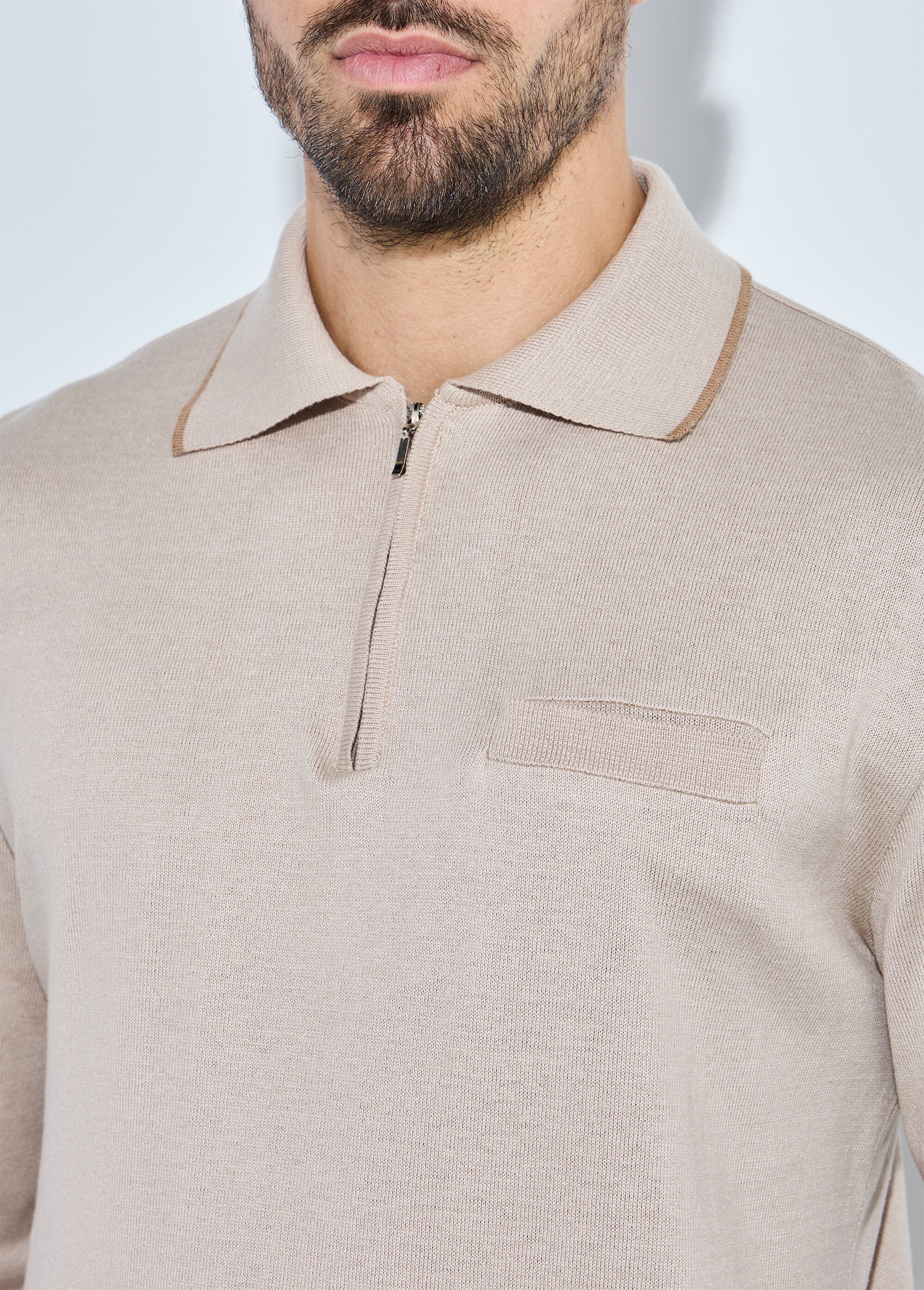 Pull col polo zippé manches longues Homme Beige FALCO DE1
