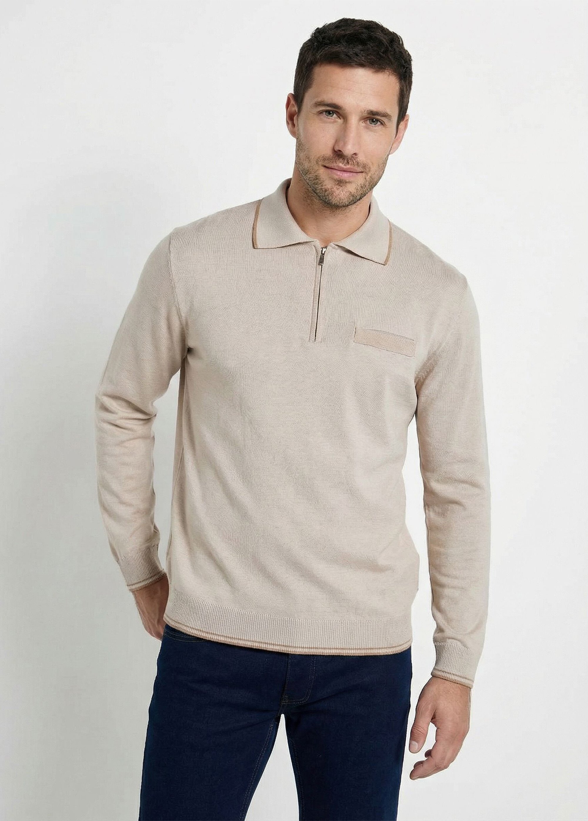 Pull col polo zippé manches longues Homme Beige FALCO FA1
