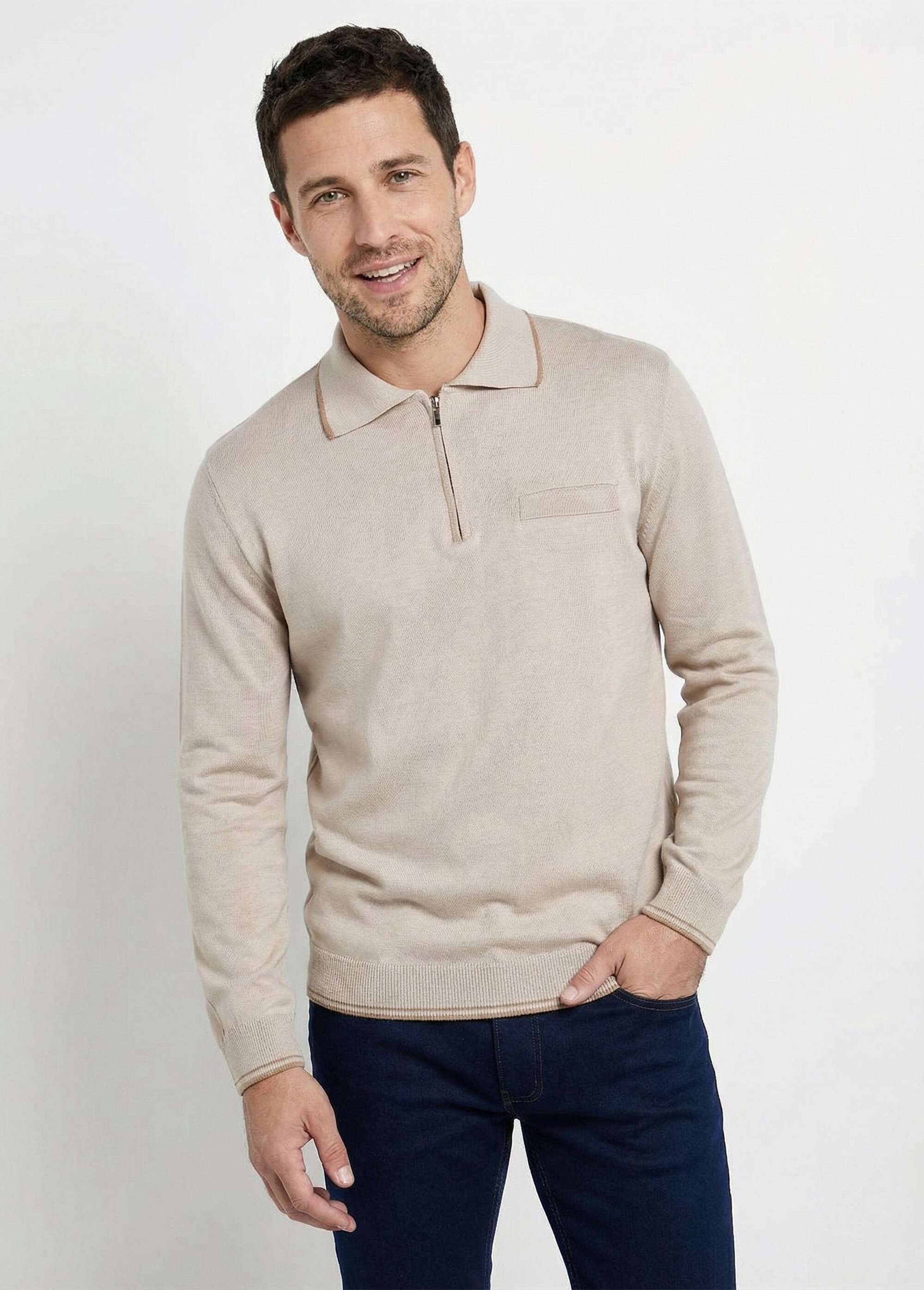 Pull col polo zippé manches longues Homme Beige FALCO MV1
