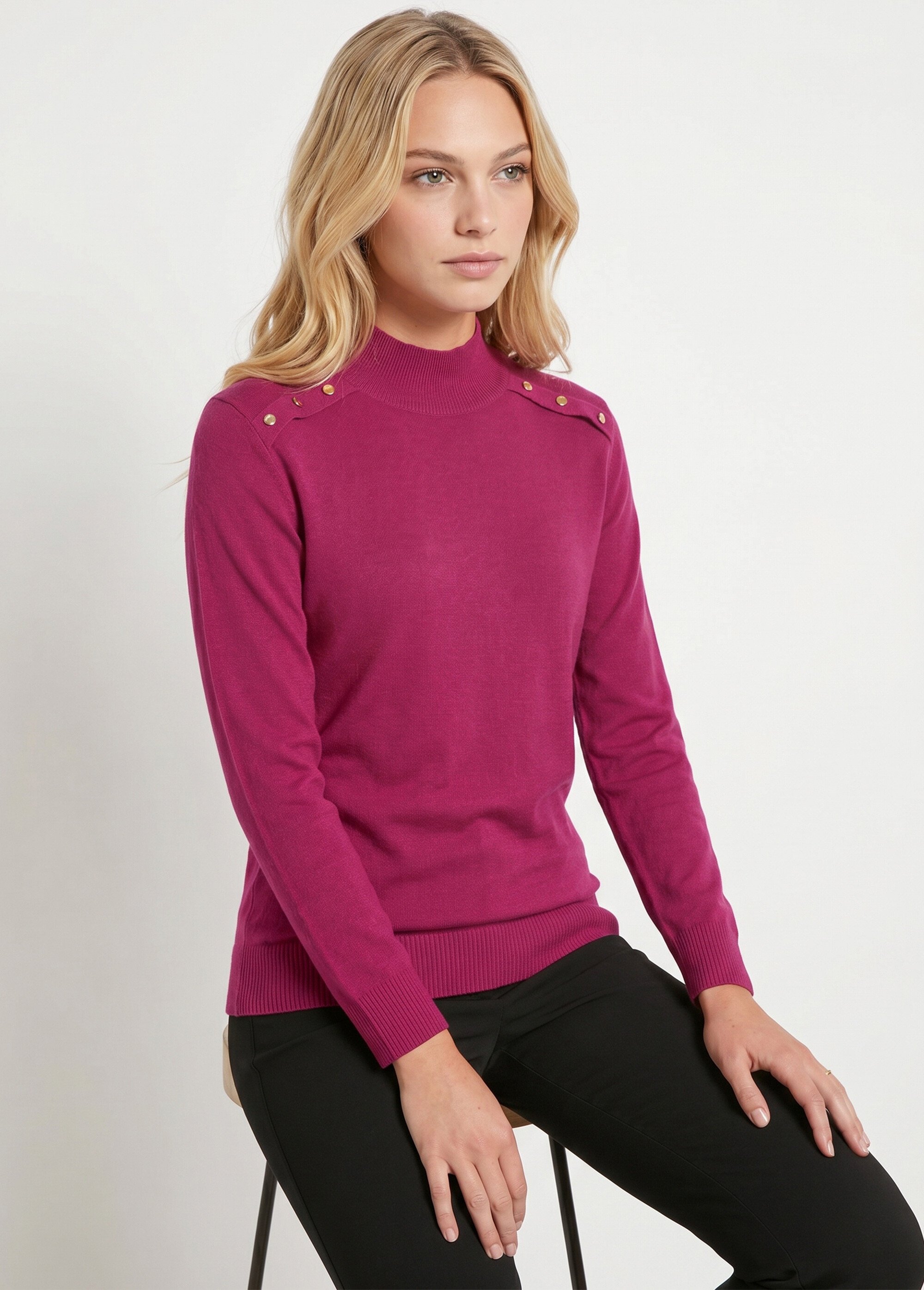 Pull fin col montant jersey uni avec laine mérinos Femme Violet POUDIS MV2