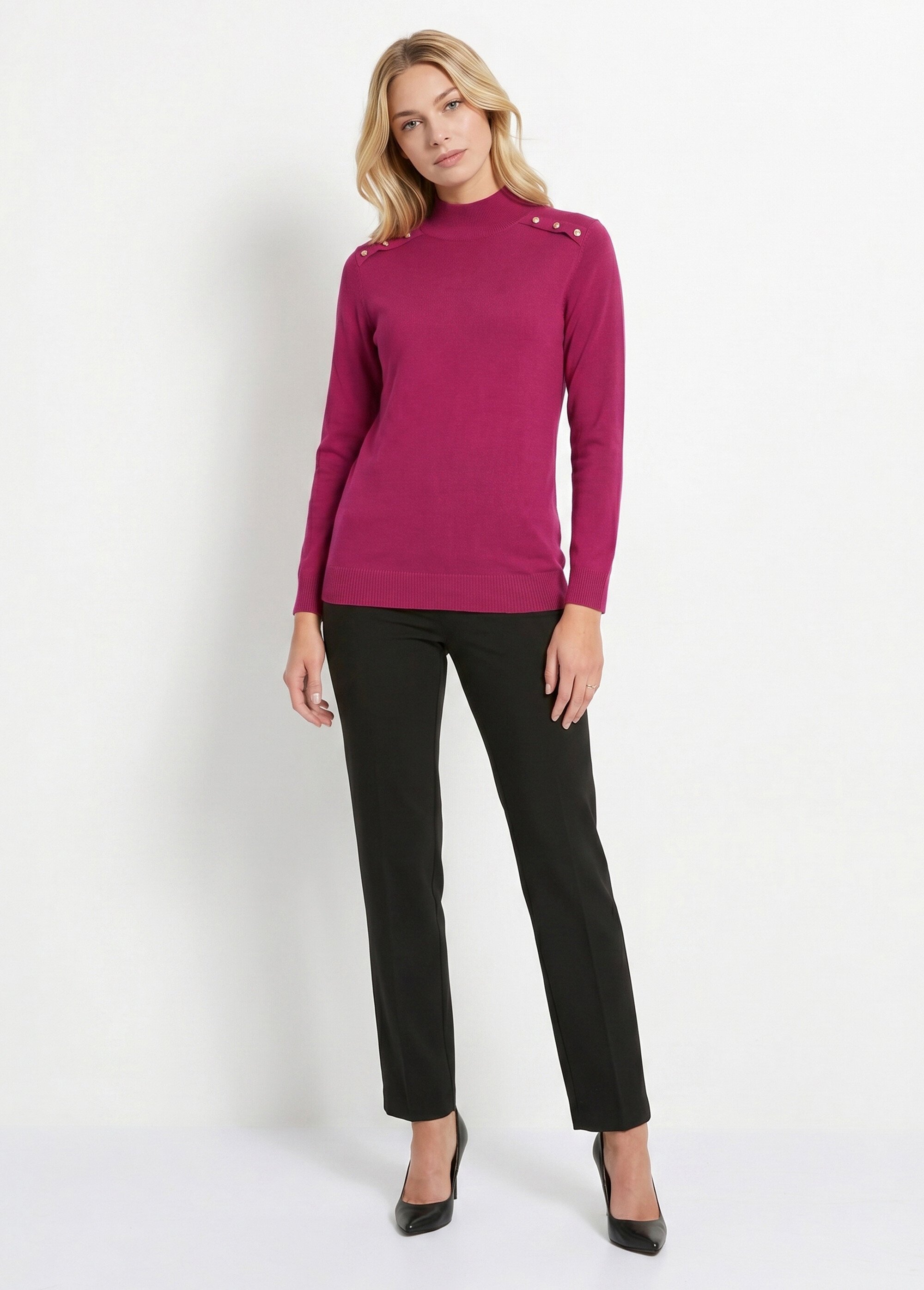 Pull fin col montant jersey uni avec laine mérinos Femme Violet POUDIS SI1