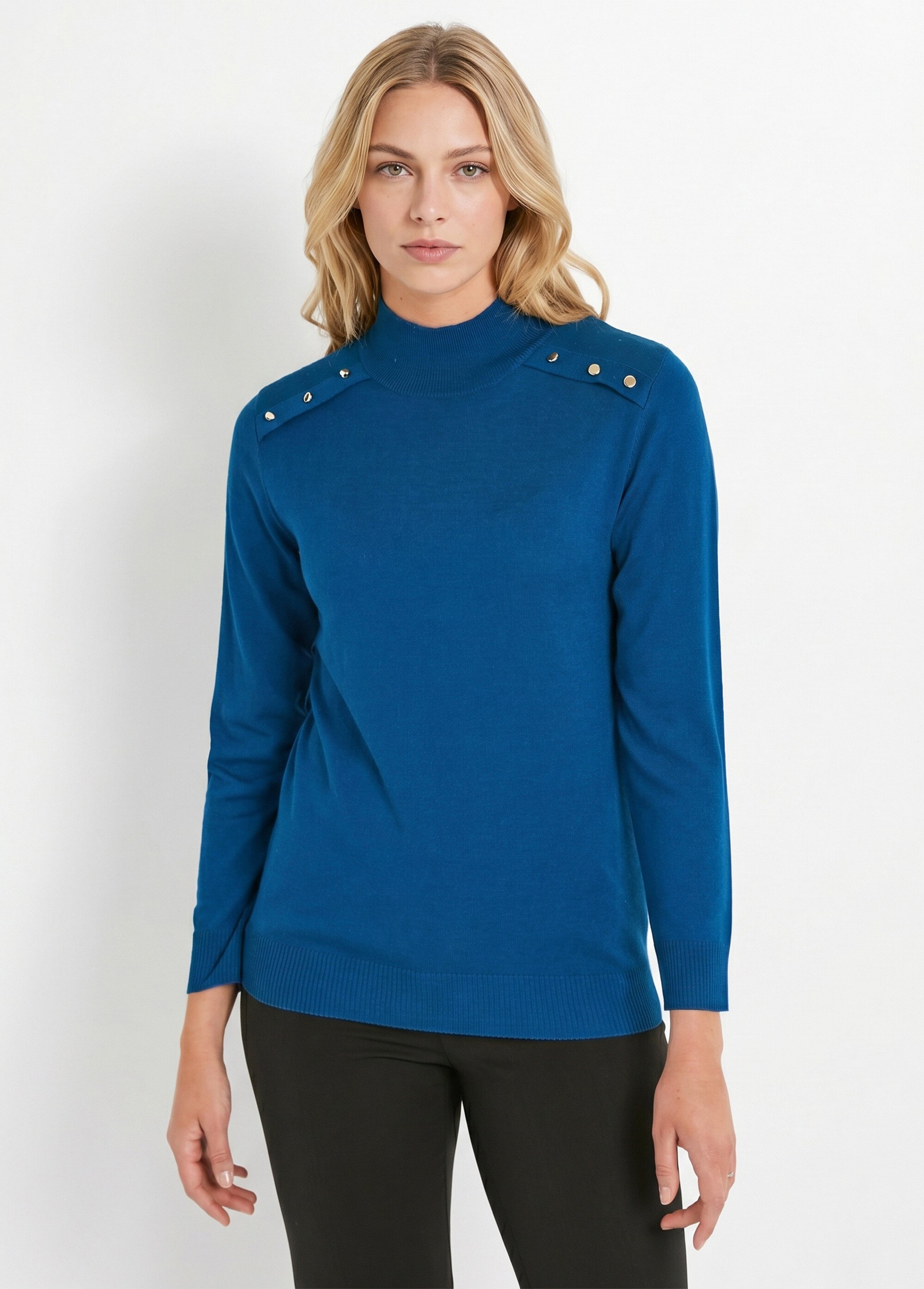 Pull fin col montant jersey uni avec laine mérinos Femme Bleu POUDIS FA1