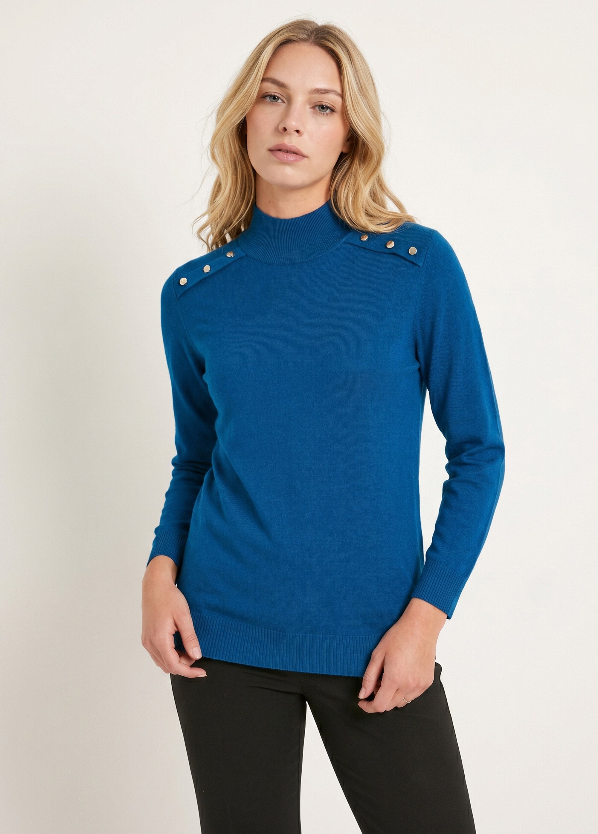 Pull fin col montant jersey uni avec laine mérinos Femme Bleu POUDIS FA2