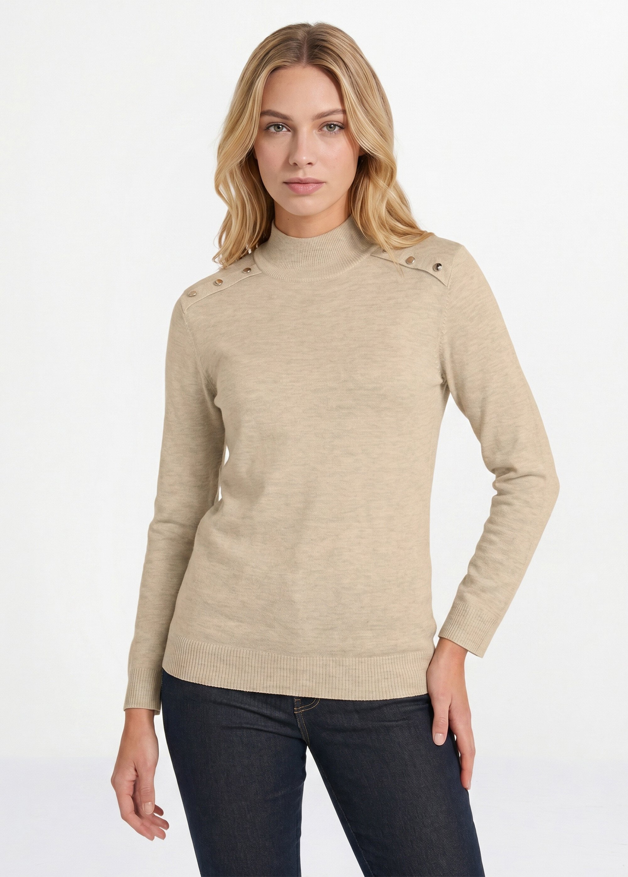 Pull fin col montant jersey uni avec laine mérinos Femme Beige POUDIS FA1