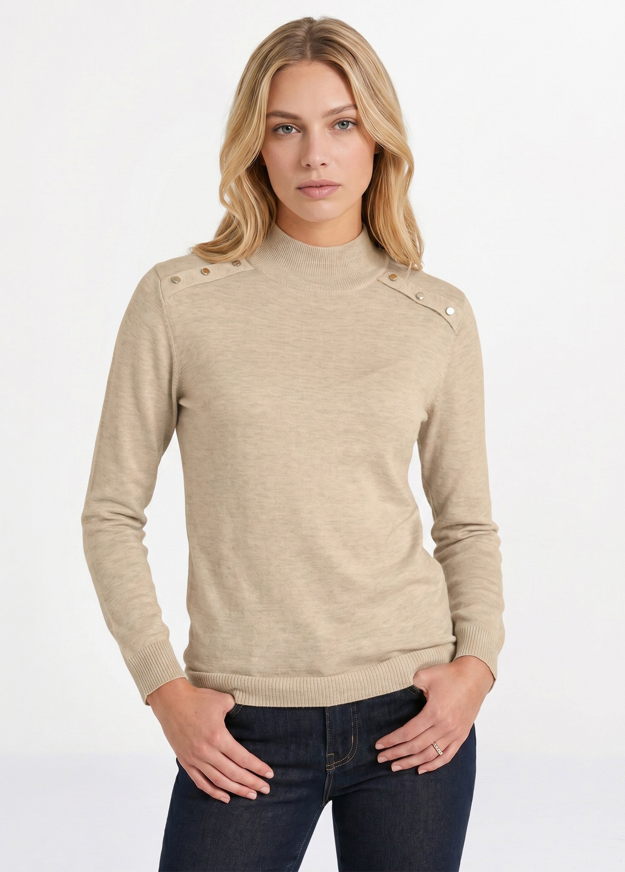 Pull fin col montant jersey uni avec laine mérinos Femme Beige POUDIS FA2