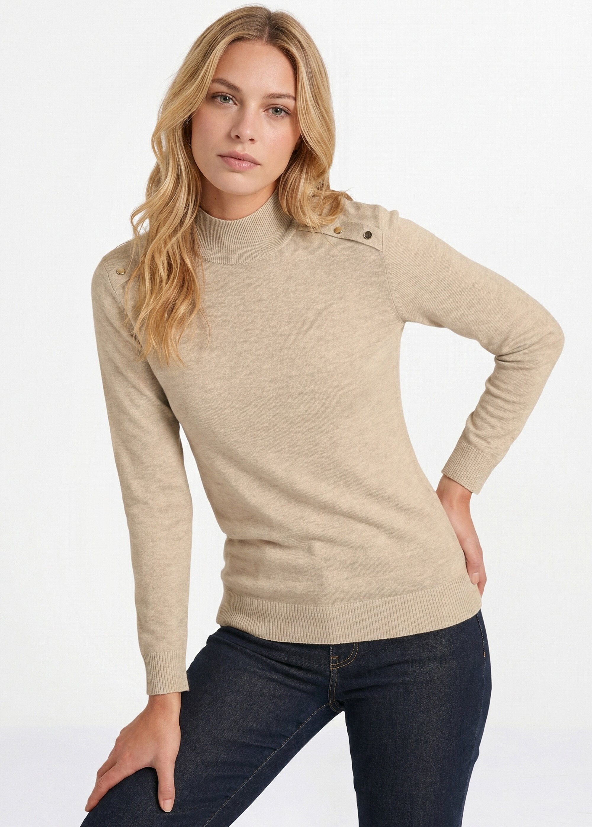 Pull fin col montant jersey uni avec laine mérinos