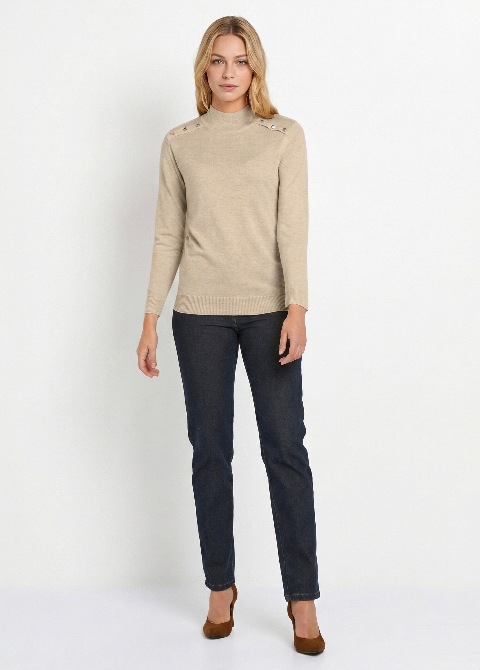 Pull fin col montant jersey uni avec laine mérinos Femme Beige POUDIS SI1