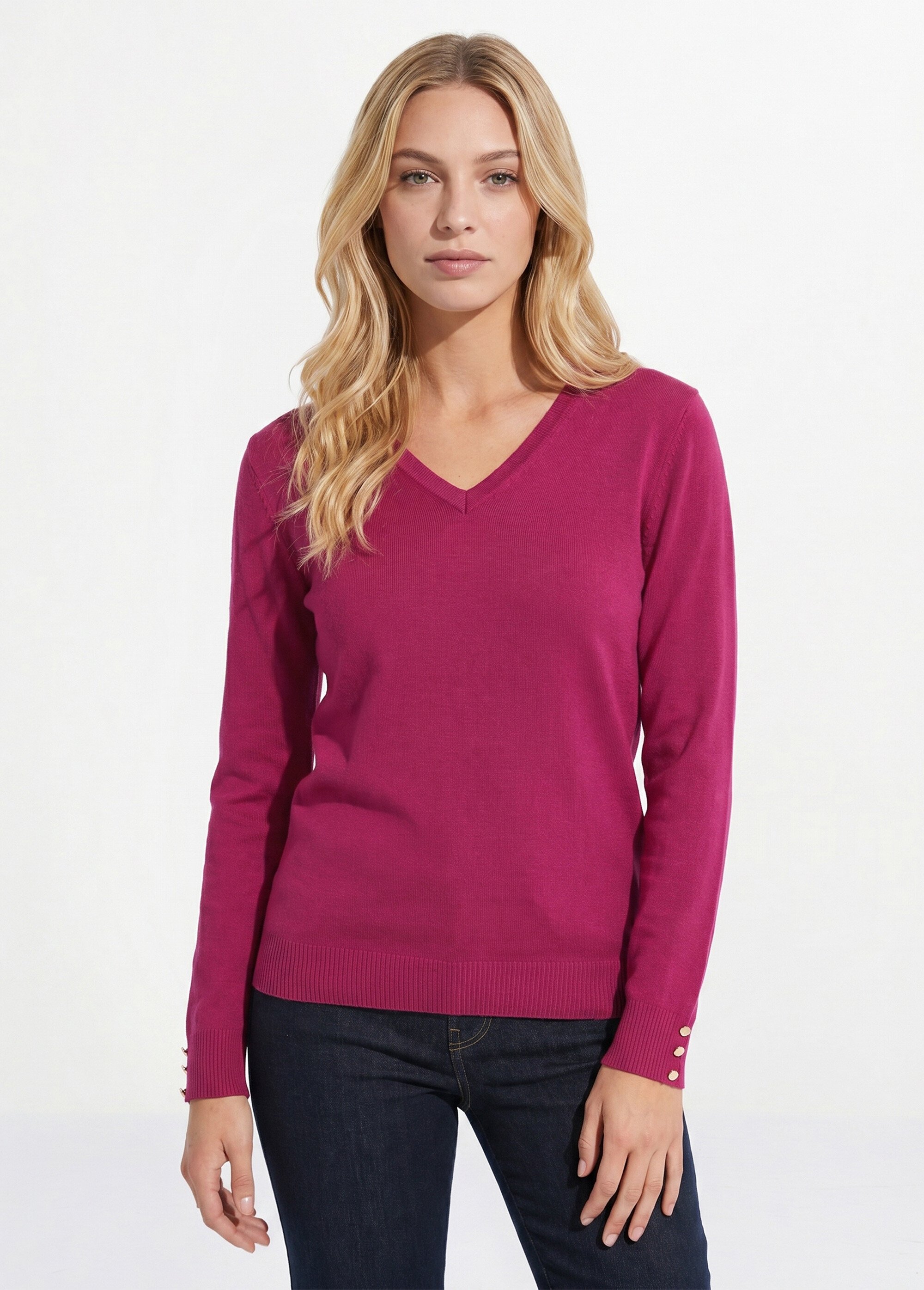 Pull fin col V jersey uni avec laine mérinos Femme Violet PIZIEUX FA1