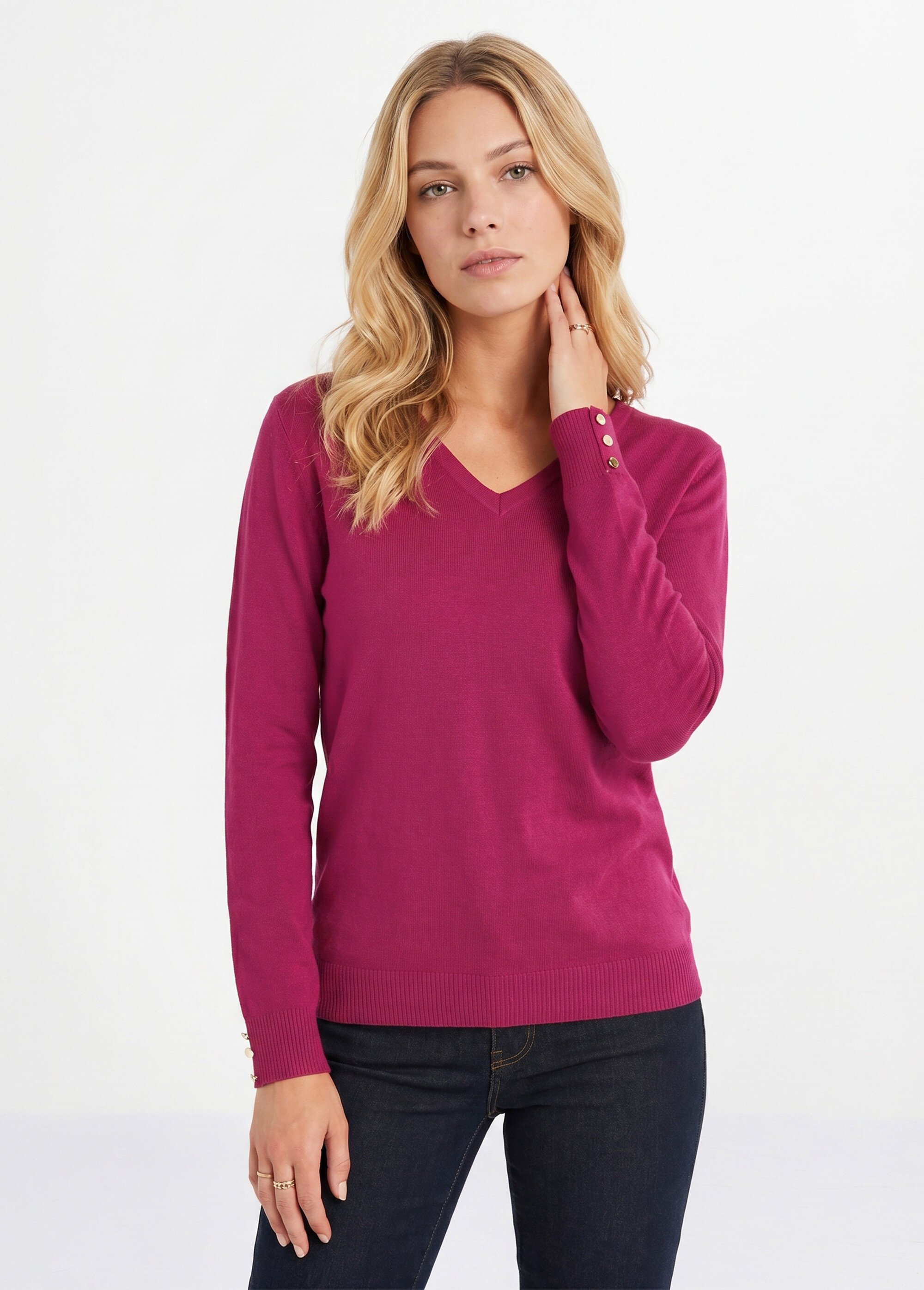 Pull fin col V jersey uni avec laine mérinos Femme Violet PIZIEUX MV2