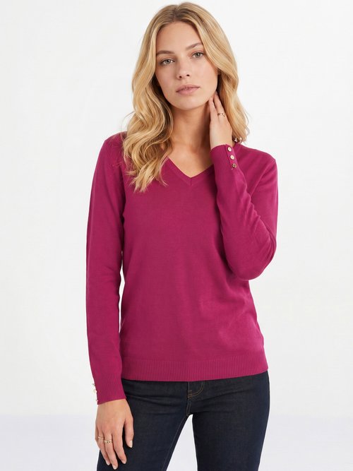 Pull fin col V jersey uni avec laine mérinos Femme Violet PIZIEUX MV2