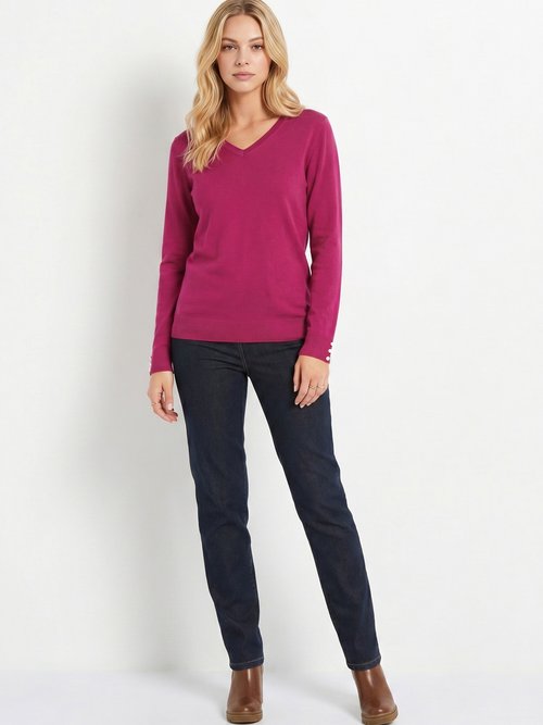 Pull fin col V jersey uni avec laine mérinos Femme Violet PIZIEUX SI1