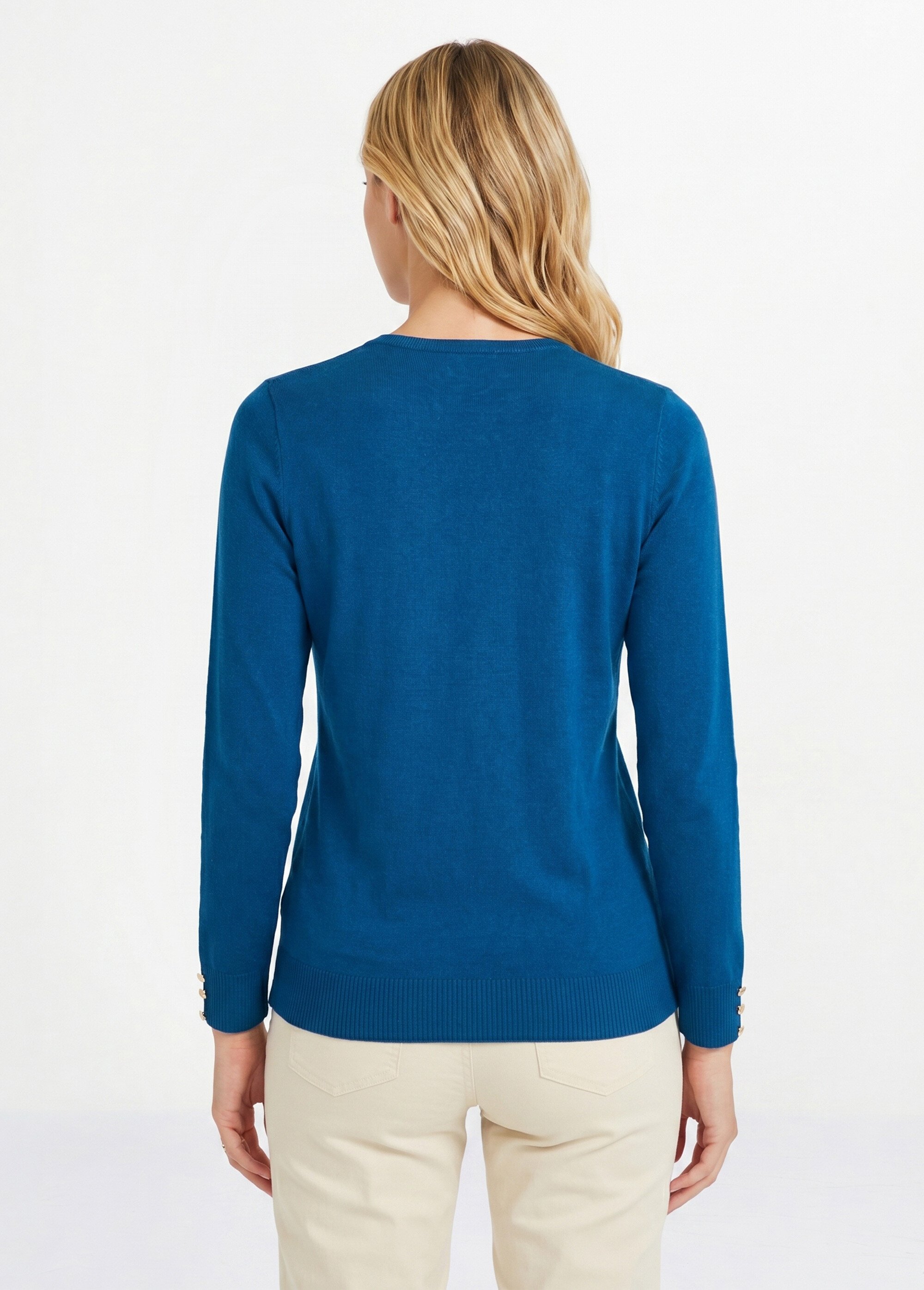 Pull fin col V jersey uni avec laine mérinos Femme Bleu PIZIEUX DO1