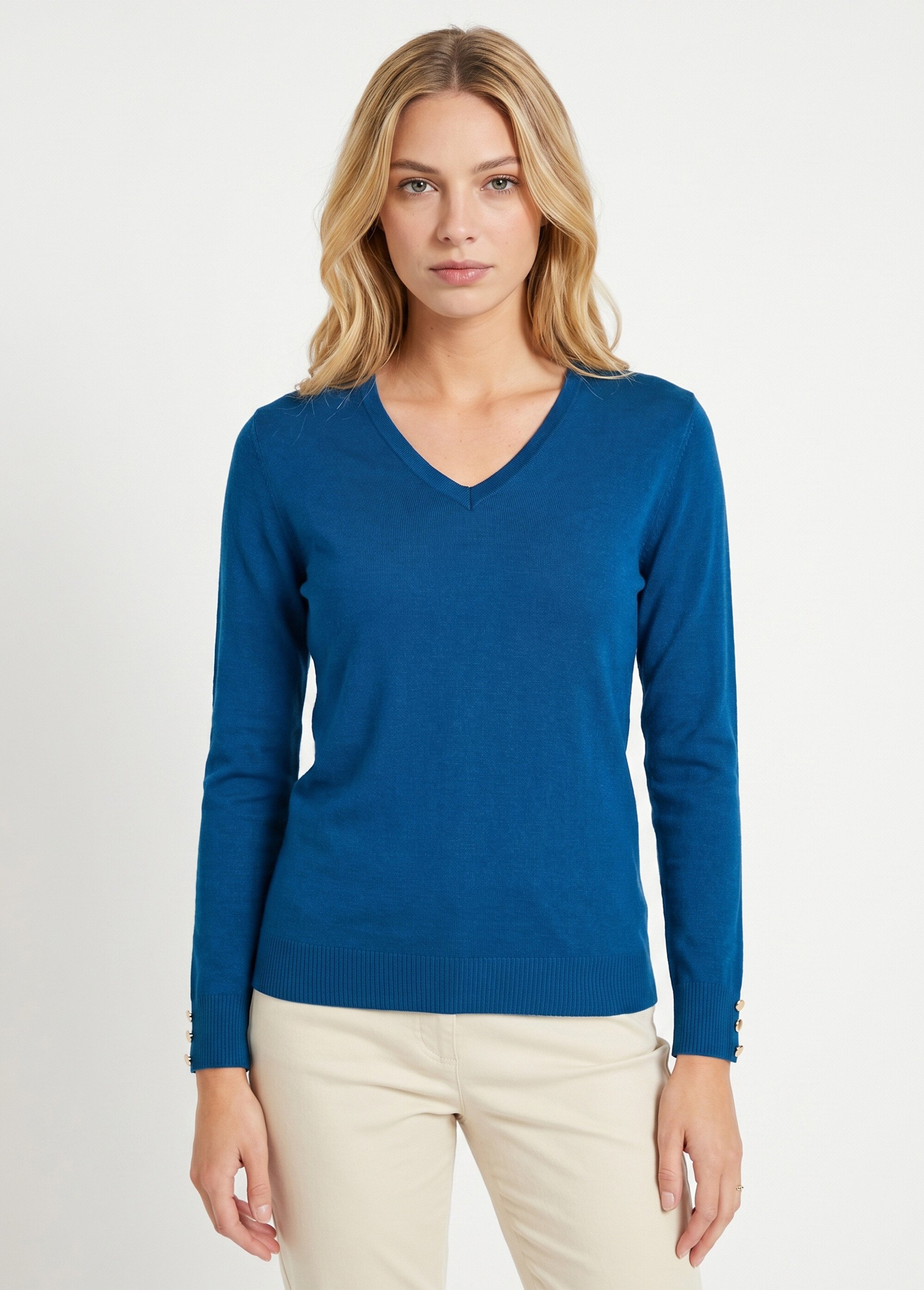 Pull fin col V jersey uni avec laine mérinos Femme Bleu PIZIEUX FA1