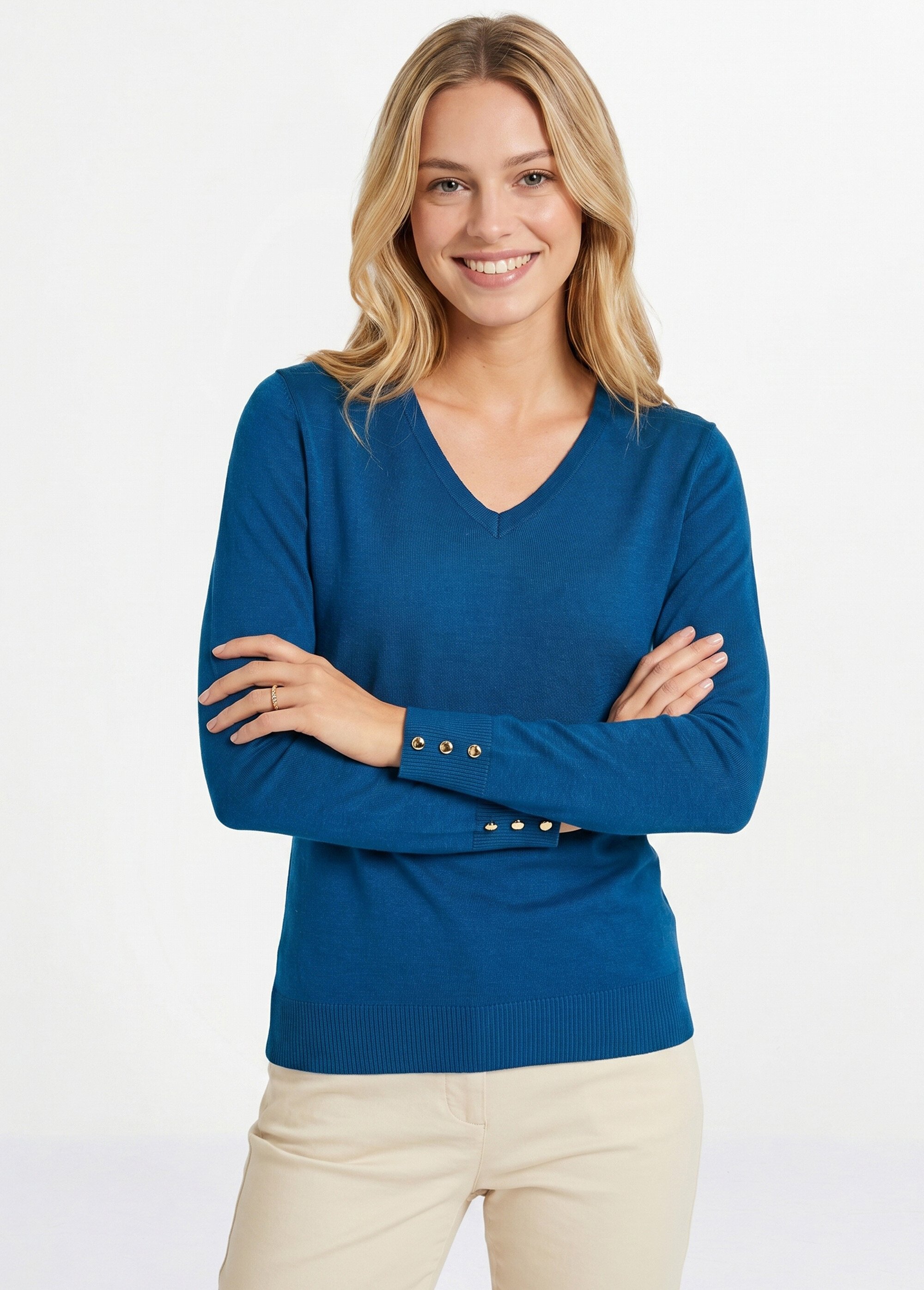 Pull fin col V jersey uni avec laine mérinos Femme Bleu PIZIEUX MV1