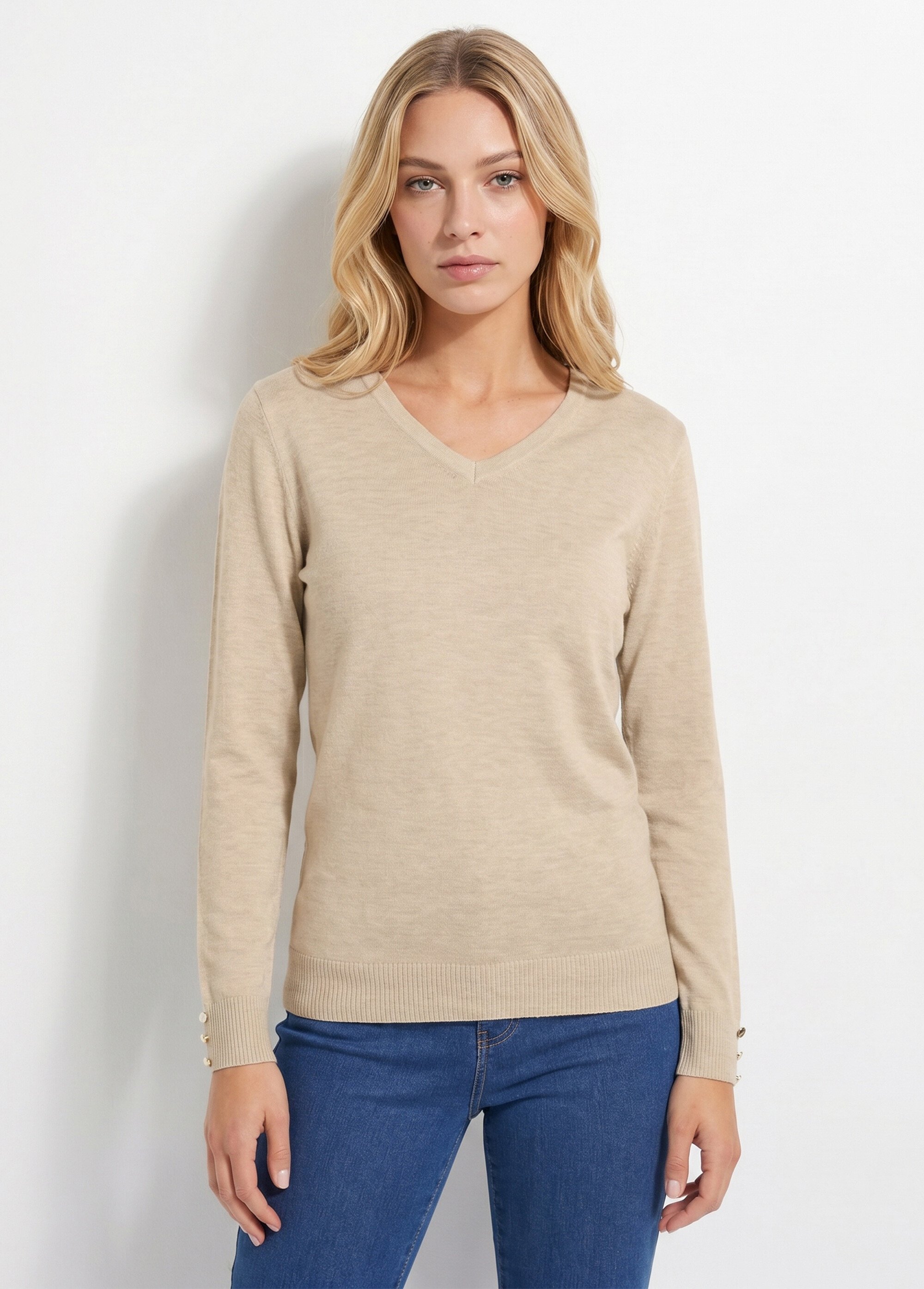 Pull fin col V jersey uni avec laine mérinos Femme Beige PIZIEUX FA1