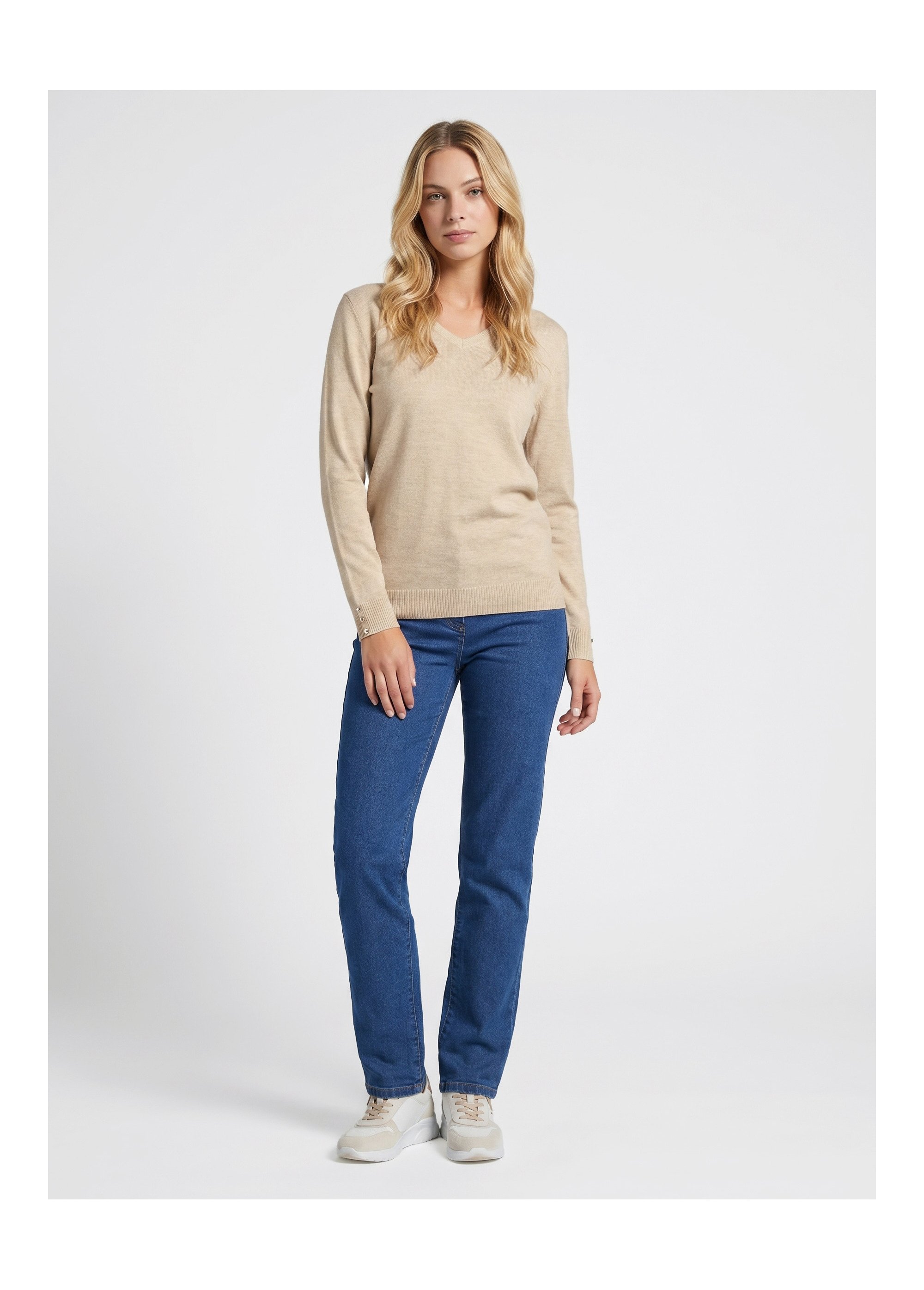 Pull fin col V jersey uni avec laine mérinos Femme Beige PIZIEUX SI1