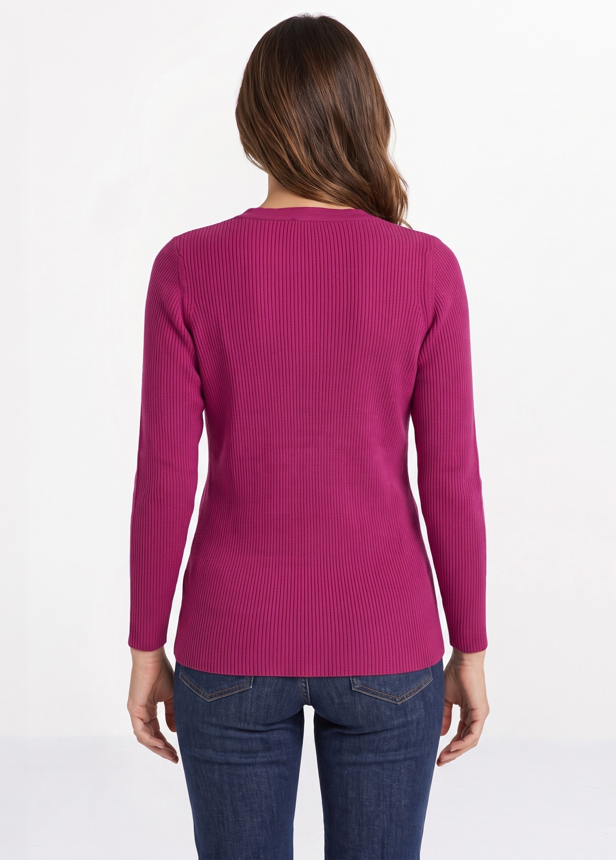 Pull fin uni maille côtelée col V