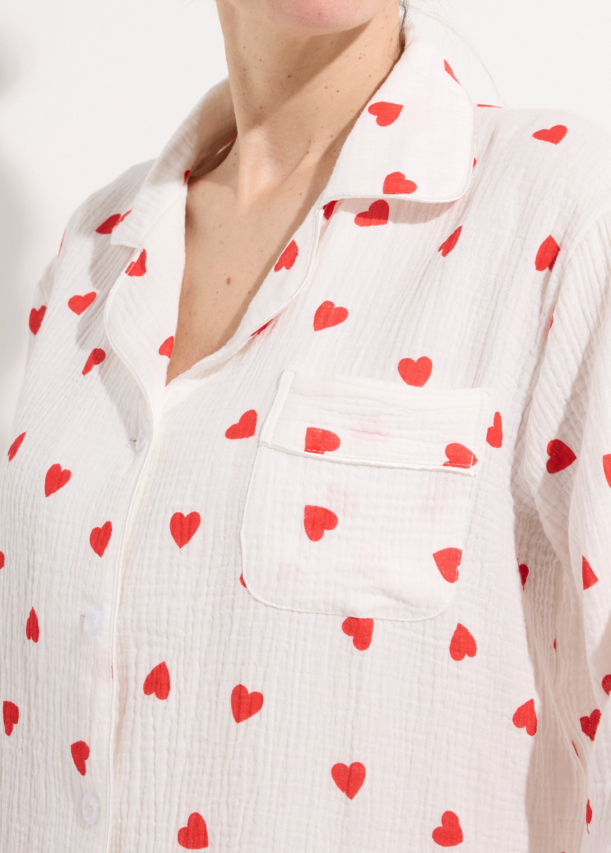 Pyjama 2 pièces gaze de coton et cœurs Femme Blanc H-NT190 DE1