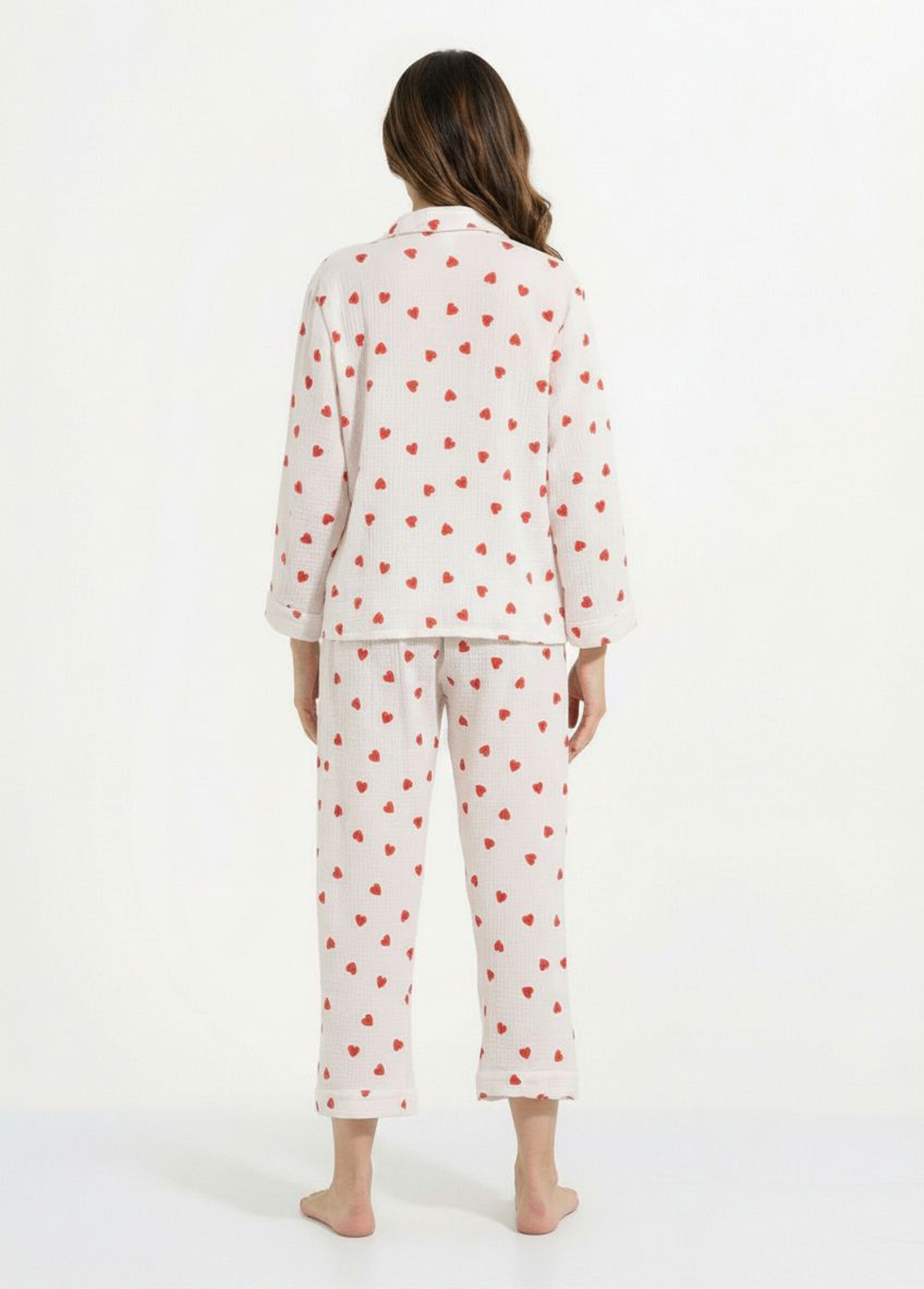Pyjama 2 pièces gaze de coton et cœurs Femme Blanc H-NT190 DO1