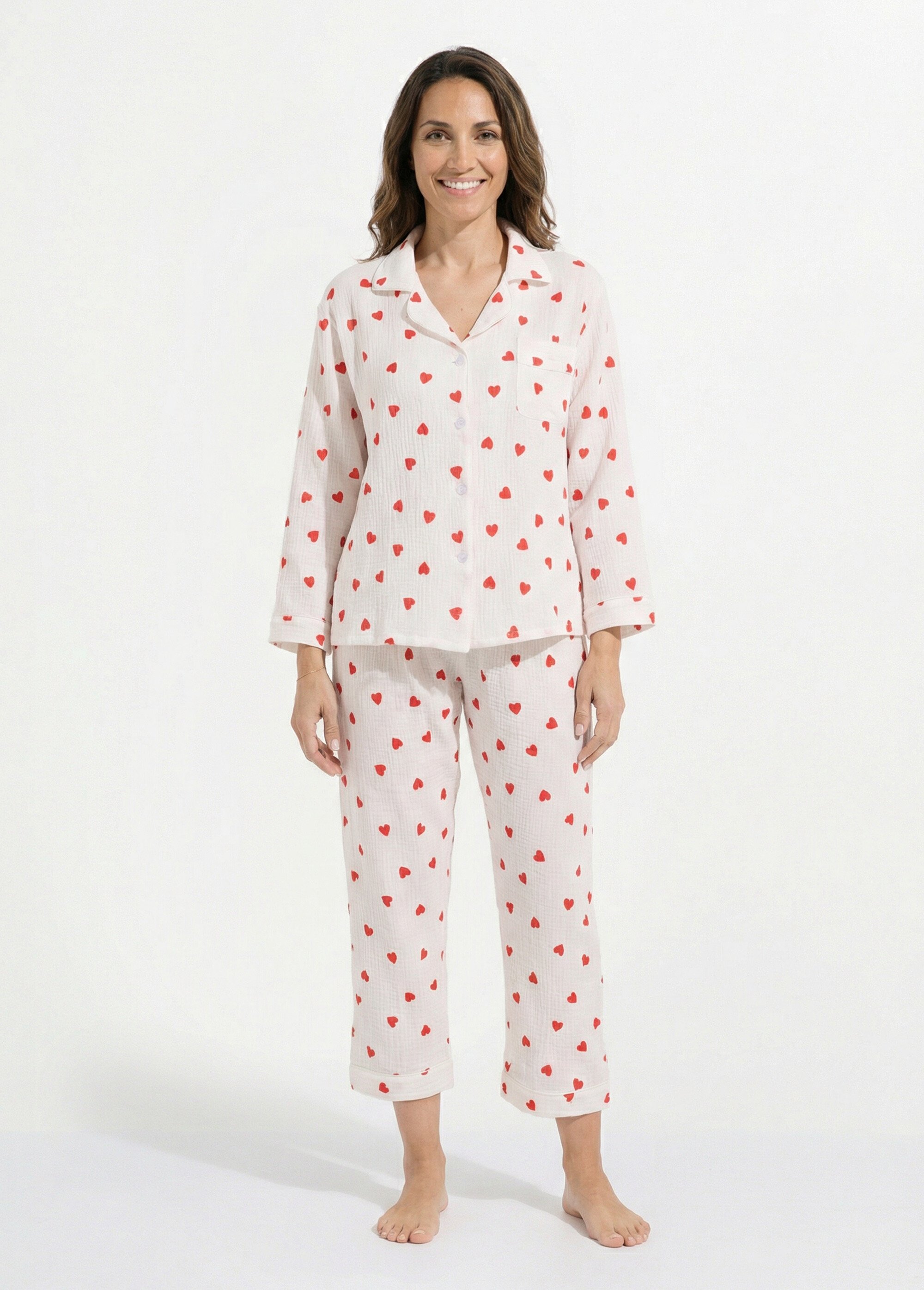 Pyjama 2 pièces gaze de coton et cœurs Femme Blanc H-NT190 FA1
