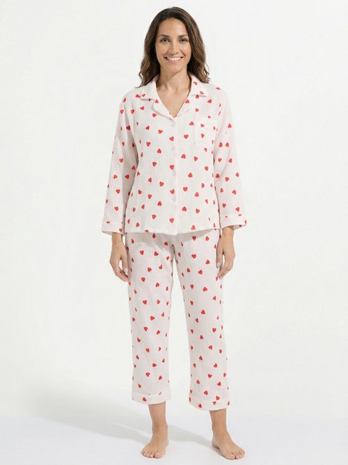 Pyjama 2 pièces gaze de coton et cœurs Femme Blanc H-NT190 FA1