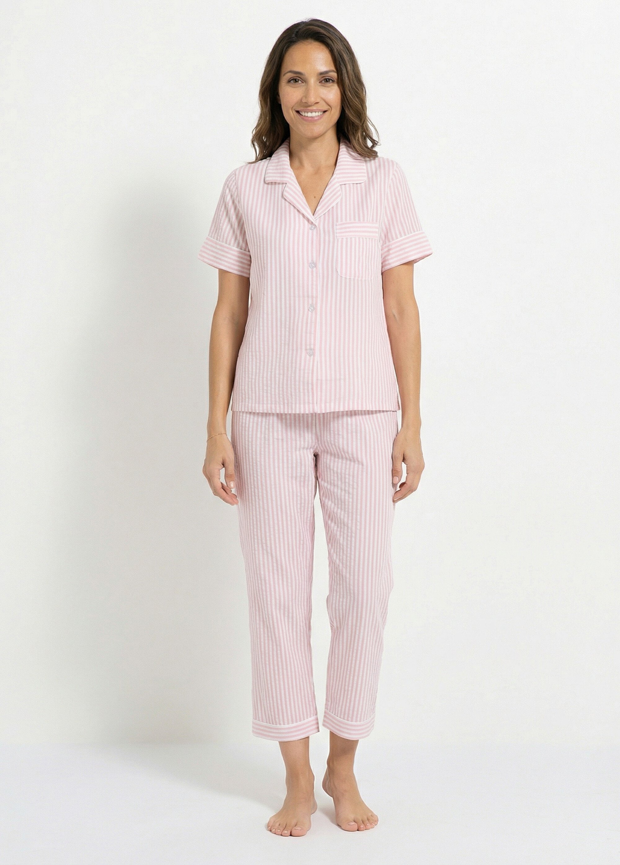 Pyjama 2 pièces seersucker à rayures Femme Beige H-NT185 FA1
