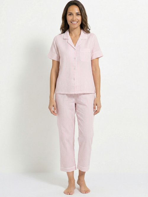Pyjama 2 pièces seersucker à rayures Femme Beige H-NT185 FA1