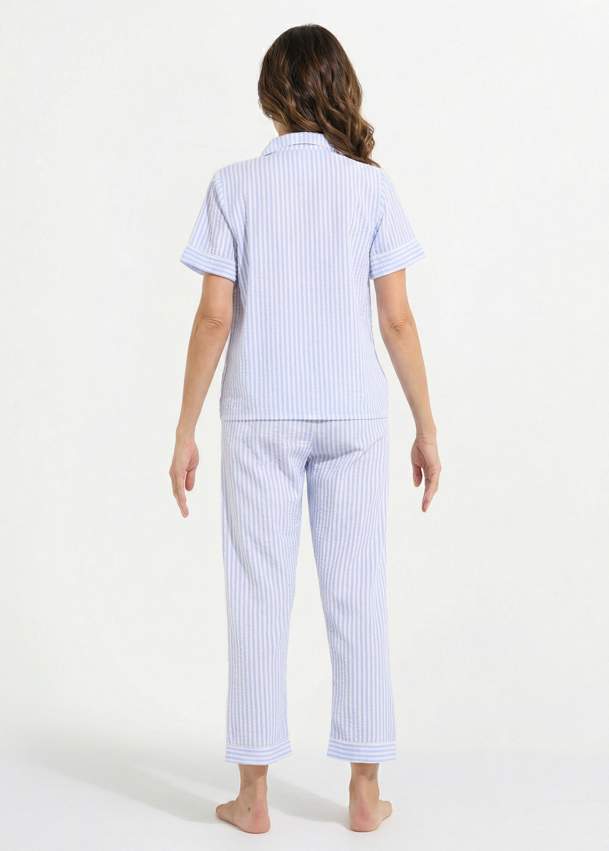 Pyjama 2 pièces seersucker à rayures Femme Bleu H-NT185 DO1