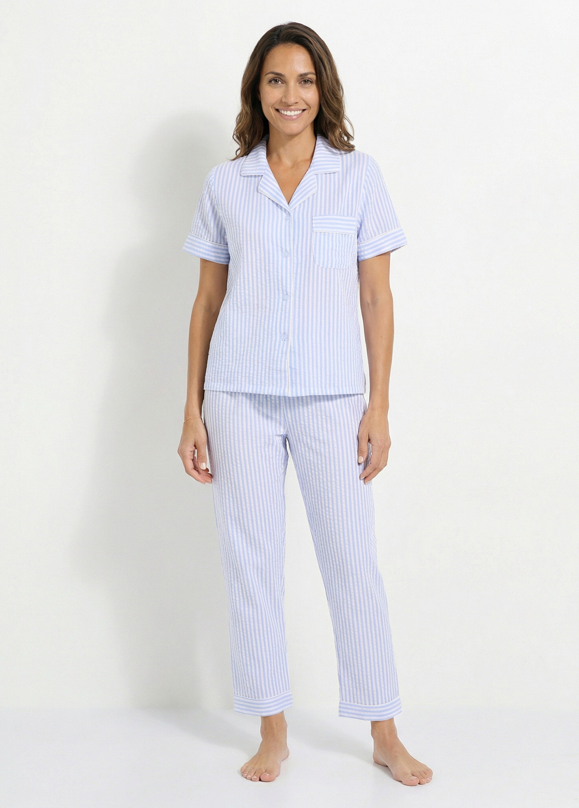 Pyjama 2 pièces seersucker à rayures Femme Bleu H-NT185 FA1