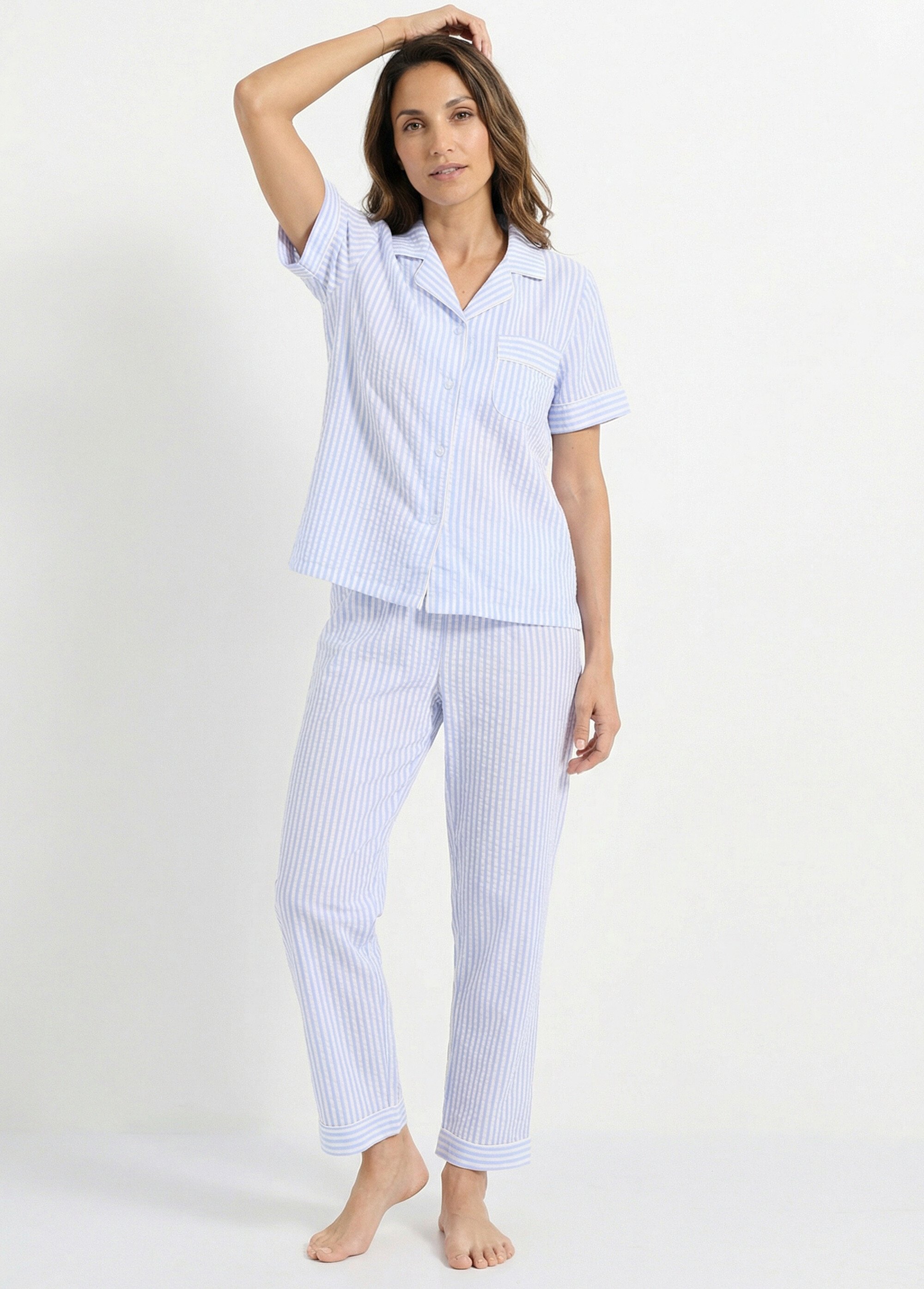 Pyjama 2 pièces seersucker à rayures Femme Bleu H-NT185 MV1
