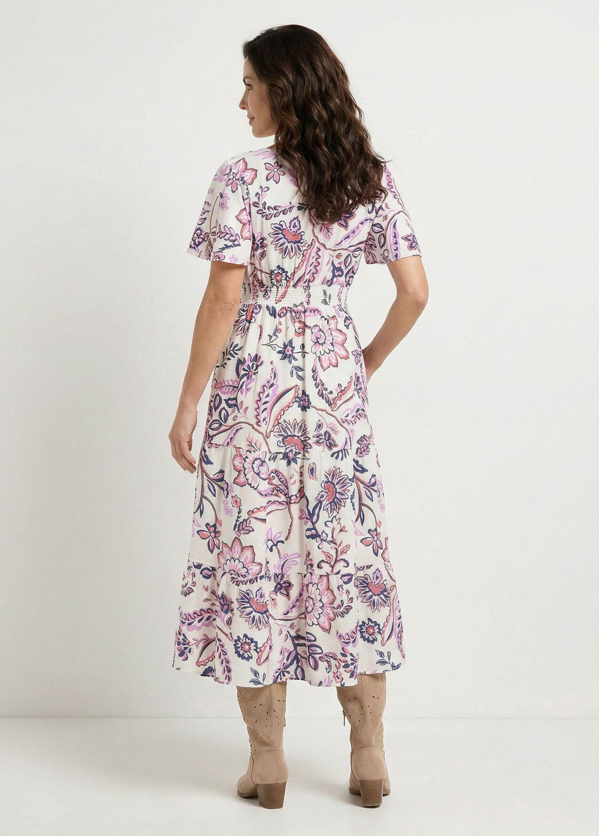 Robe longue volantée manches papillon fleurie Femme Blanc ELORELLE DO1