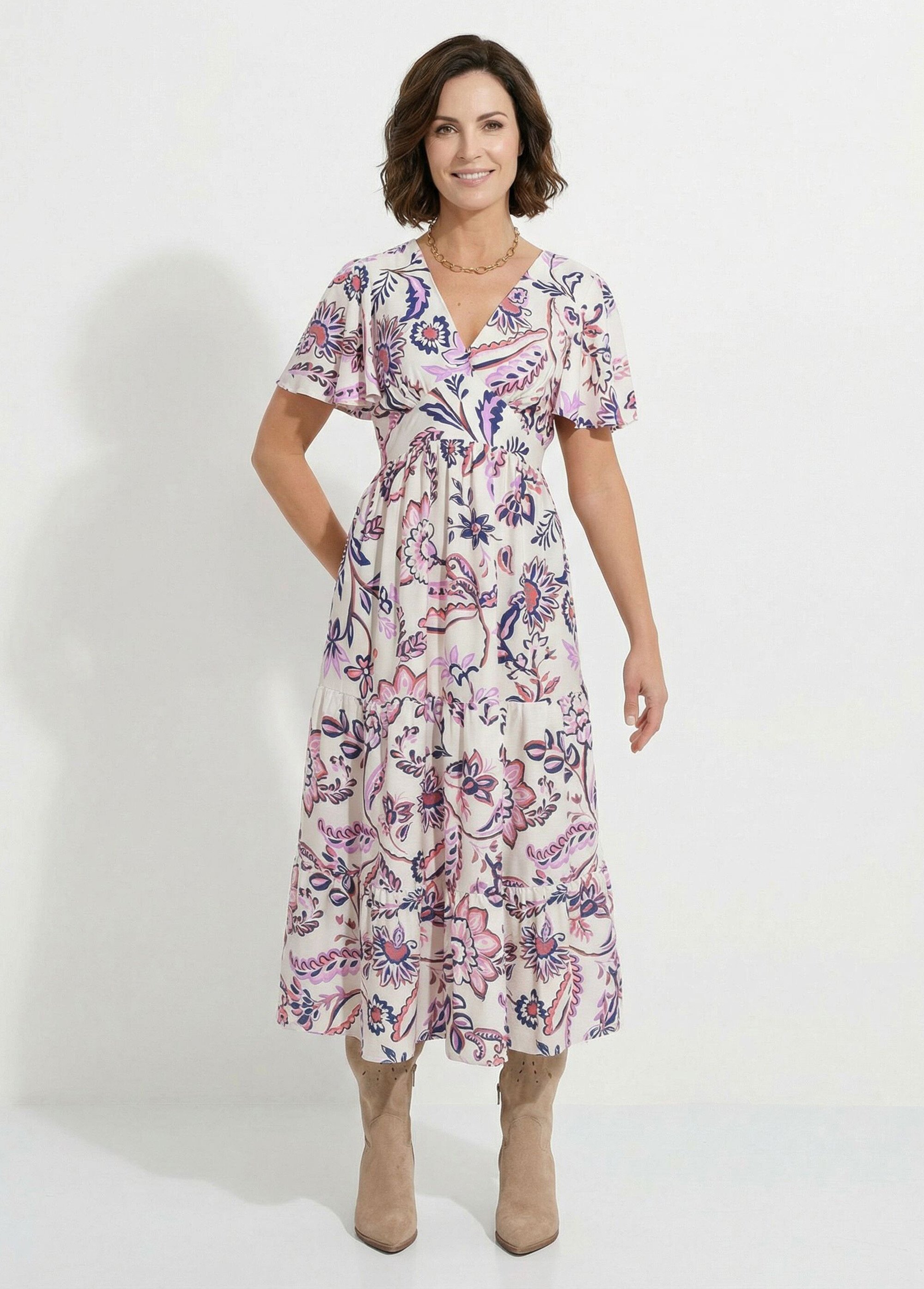 Robe longue volantée manches papillon fleurie Femme Blanc ELORELLE FA1