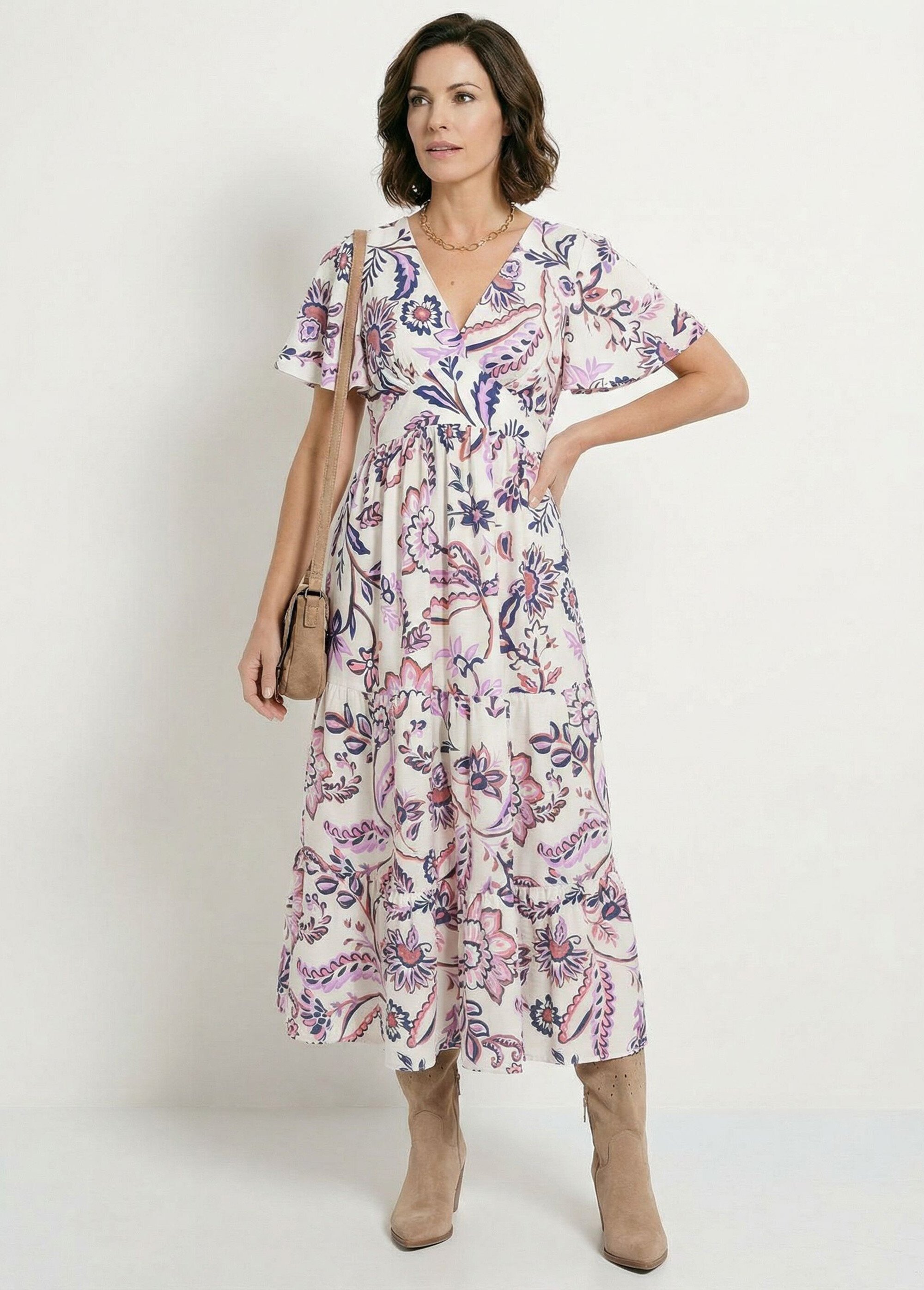 Robe longue volantée manches papillon fleurie