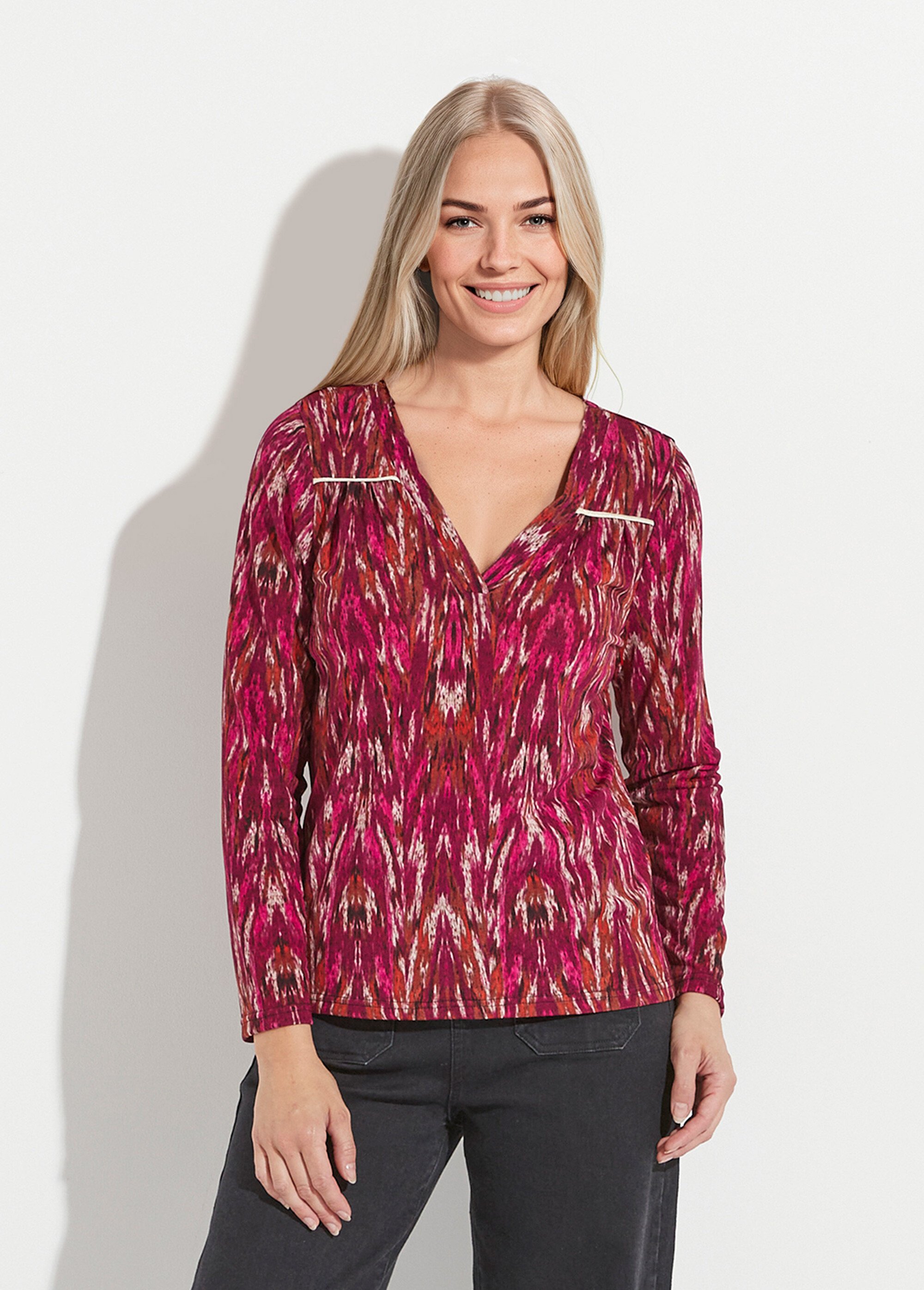 T-shirt chaud col V imprimé manches longues Femme CASSIS ET BEIGE CARMINA FA1