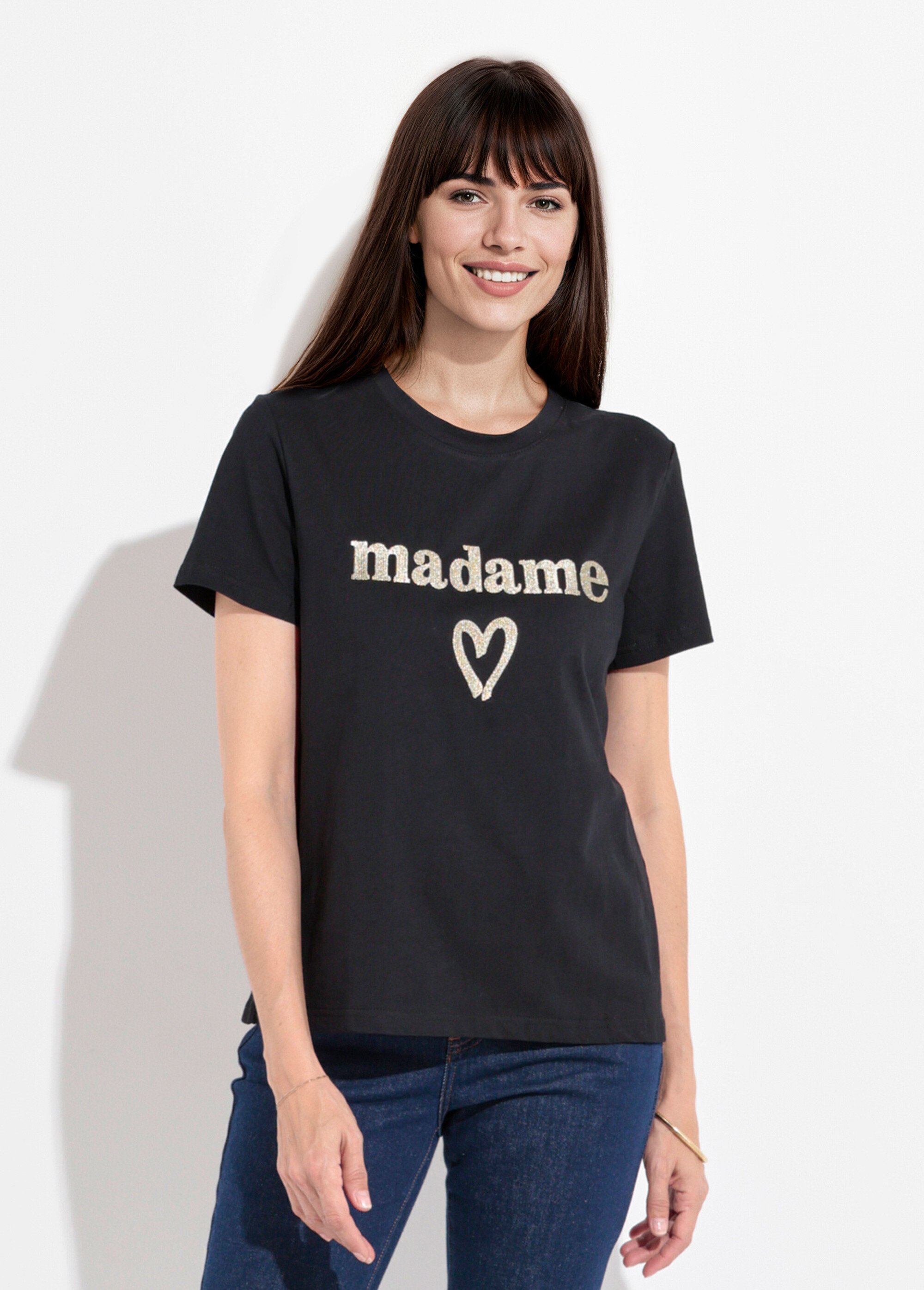 T-shirt col rond broderie métallisée Madame Femme Noir JB-TS0051 FA1