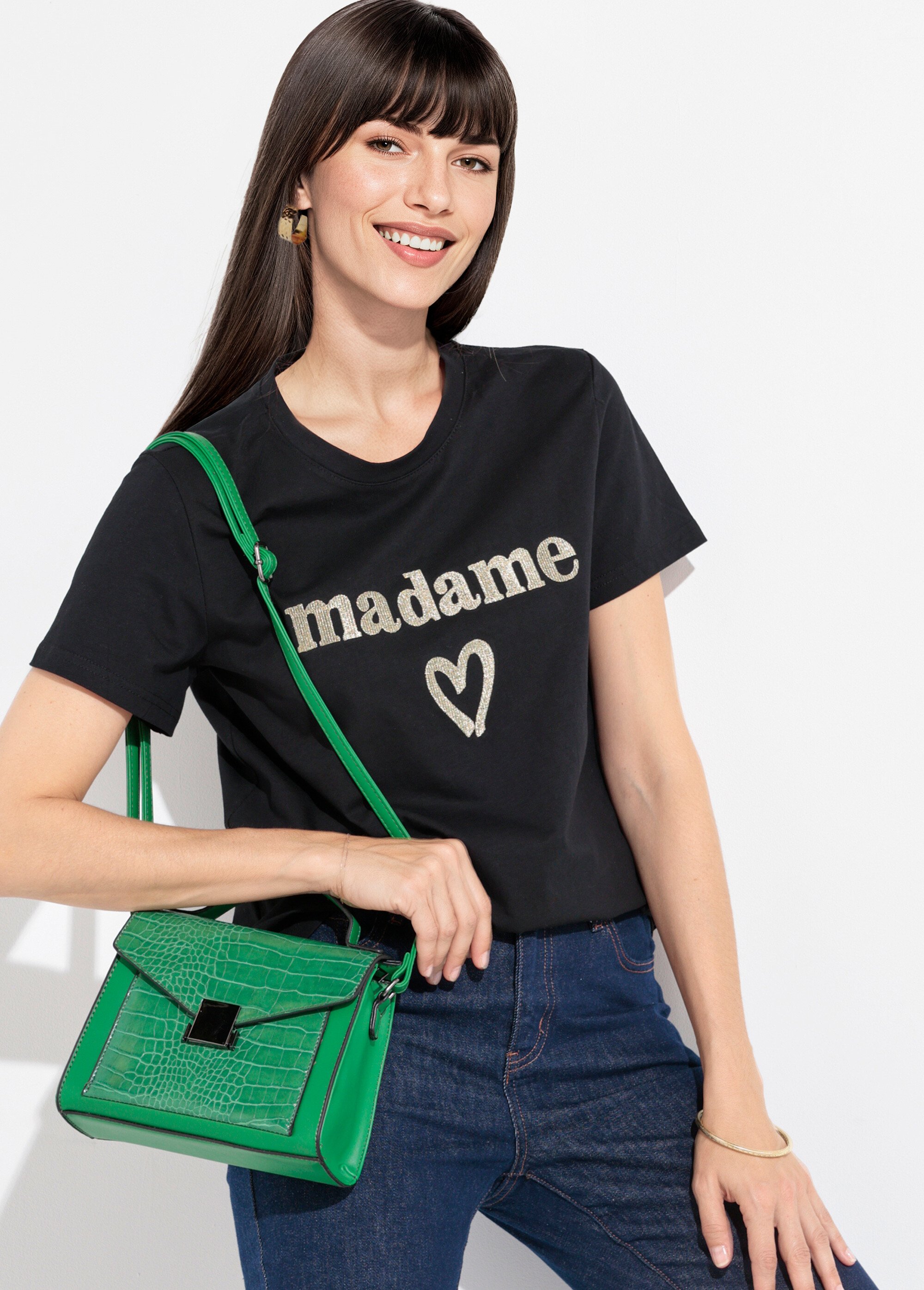 T-shirt col rond broderie métallisée Madame Femme Noir JB-TS0051 MV1