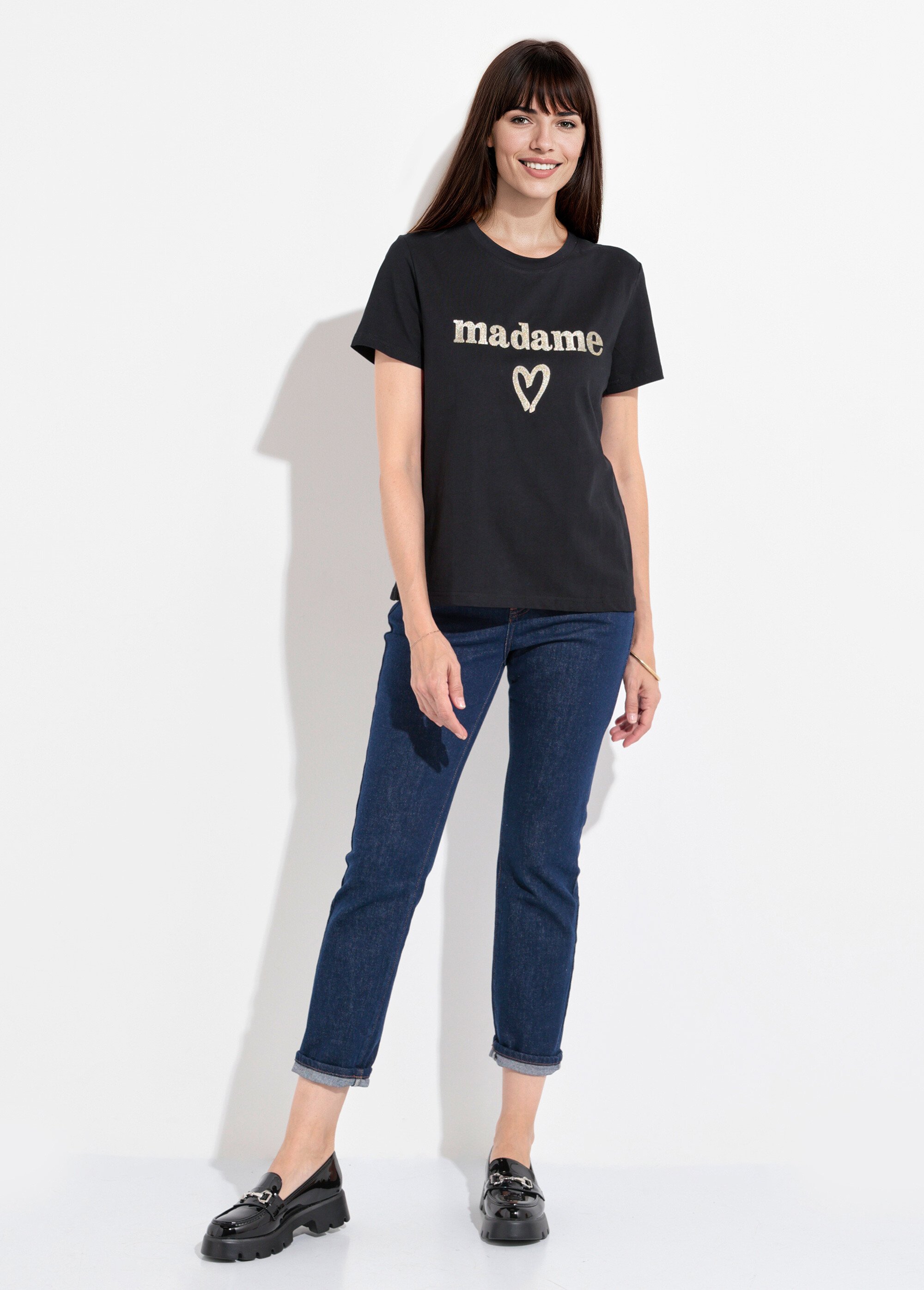 T-shirt col rond broderie métallisée Madame Femme Noir JB-TS0051 SF1