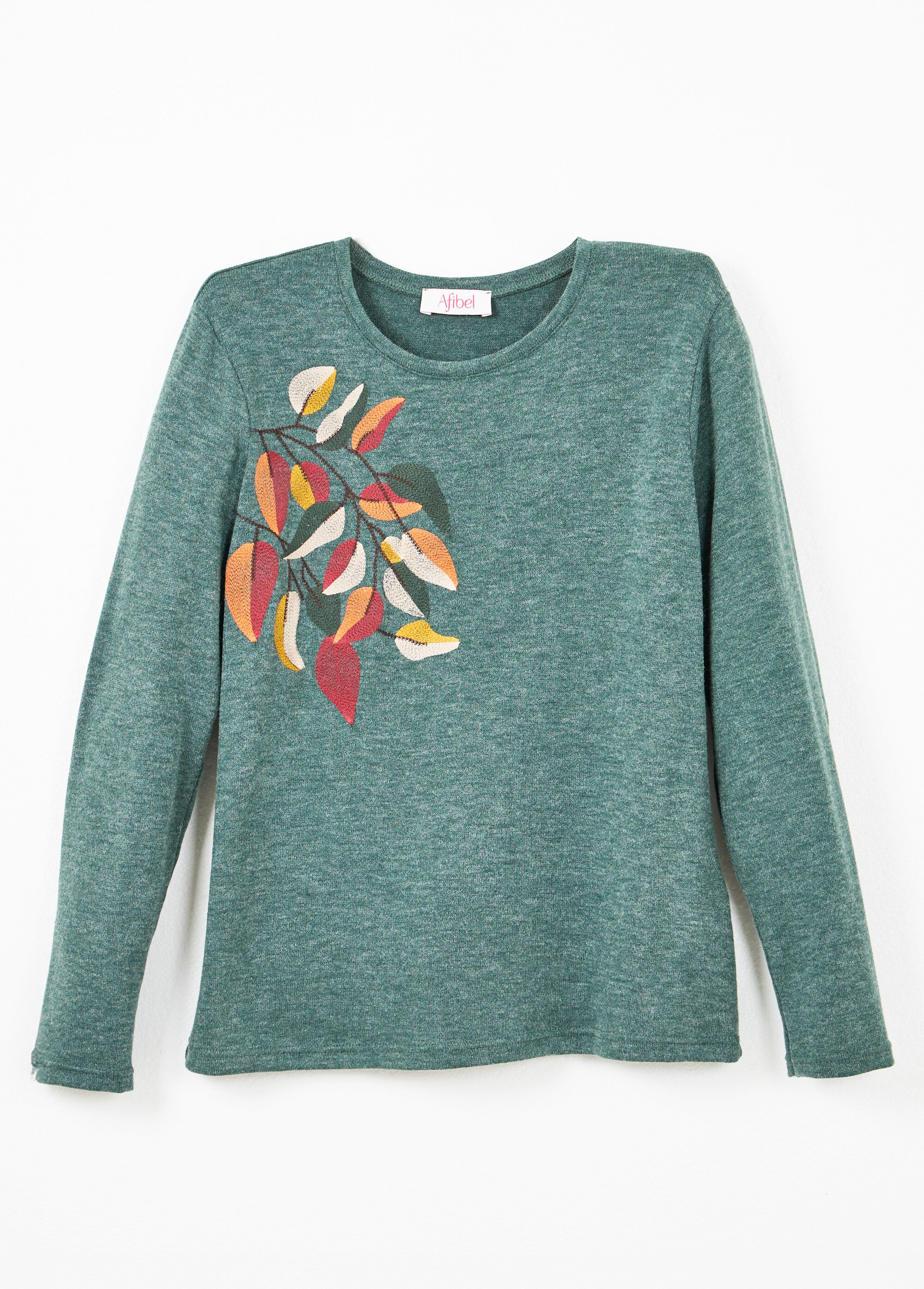 T-shirt col rond uni brodé manches longues Femme Vert CHERY AP1