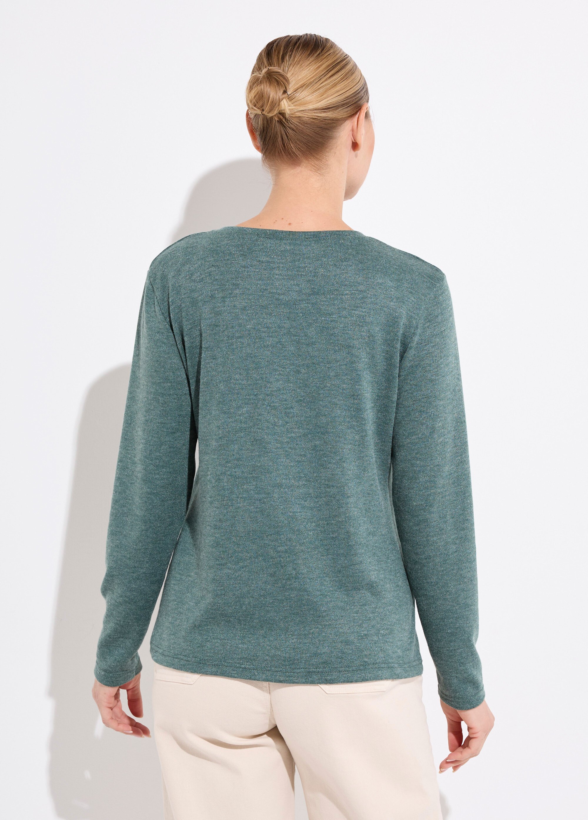 T-shirt col rond uni brodé manches longues Femme Vert CHERY DO1