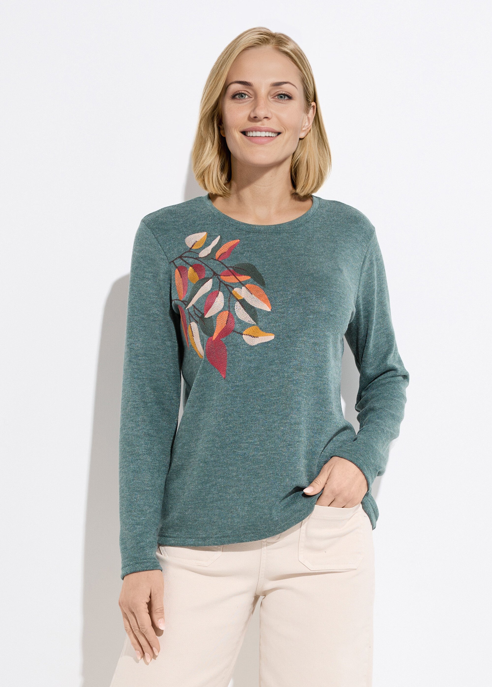 T-shirt col rond uni brodé manches longues Femme Vert CHERY FA1