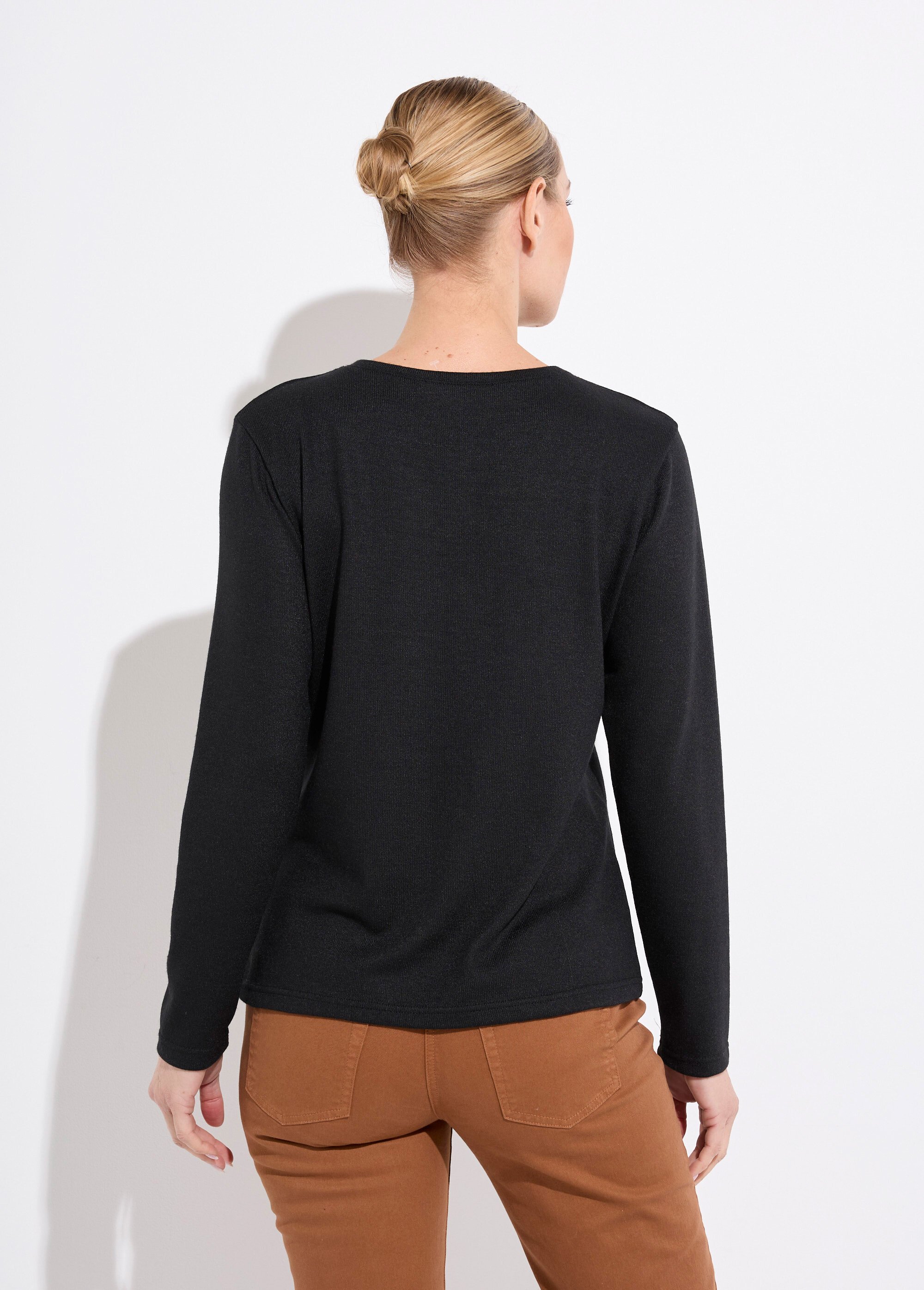 T-shirt col rond uni brodé manches longues Femme Noir CHERY DO1