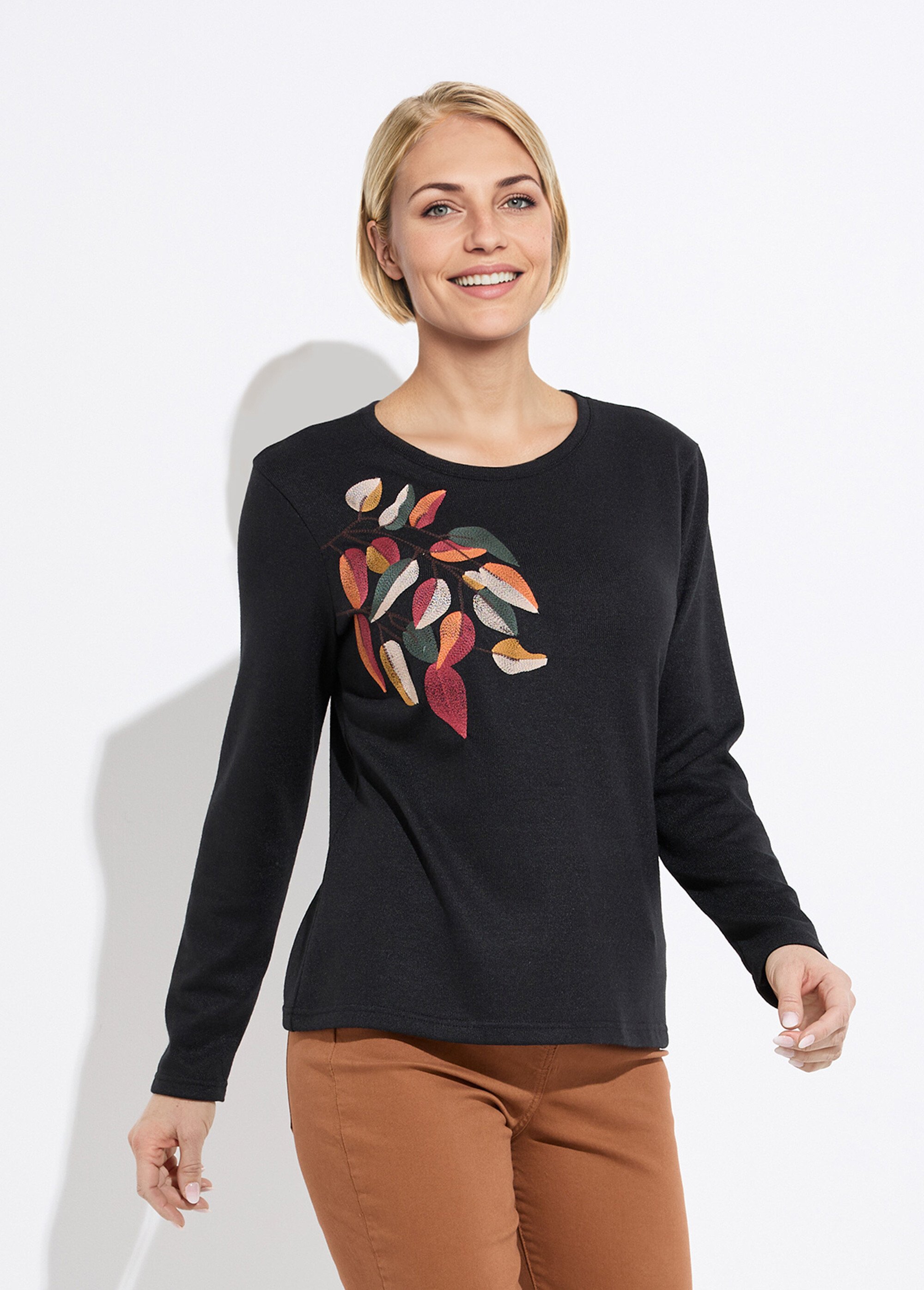 T-shirt col rond uni brodé manches longues Femme Noir CHERY FA1