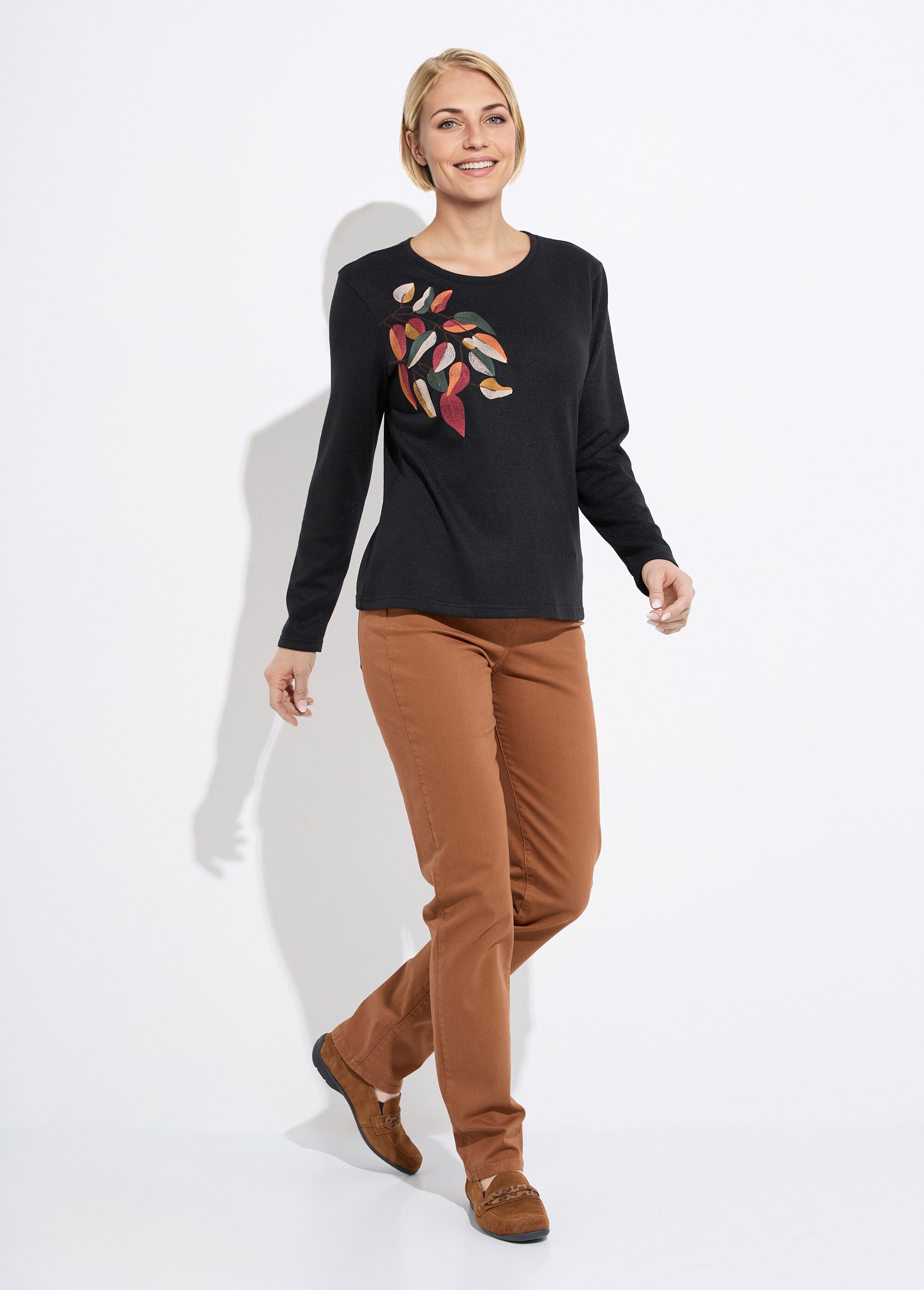 T-shirt col rond uni brodé manches longues Femme Noir CHERY SF1