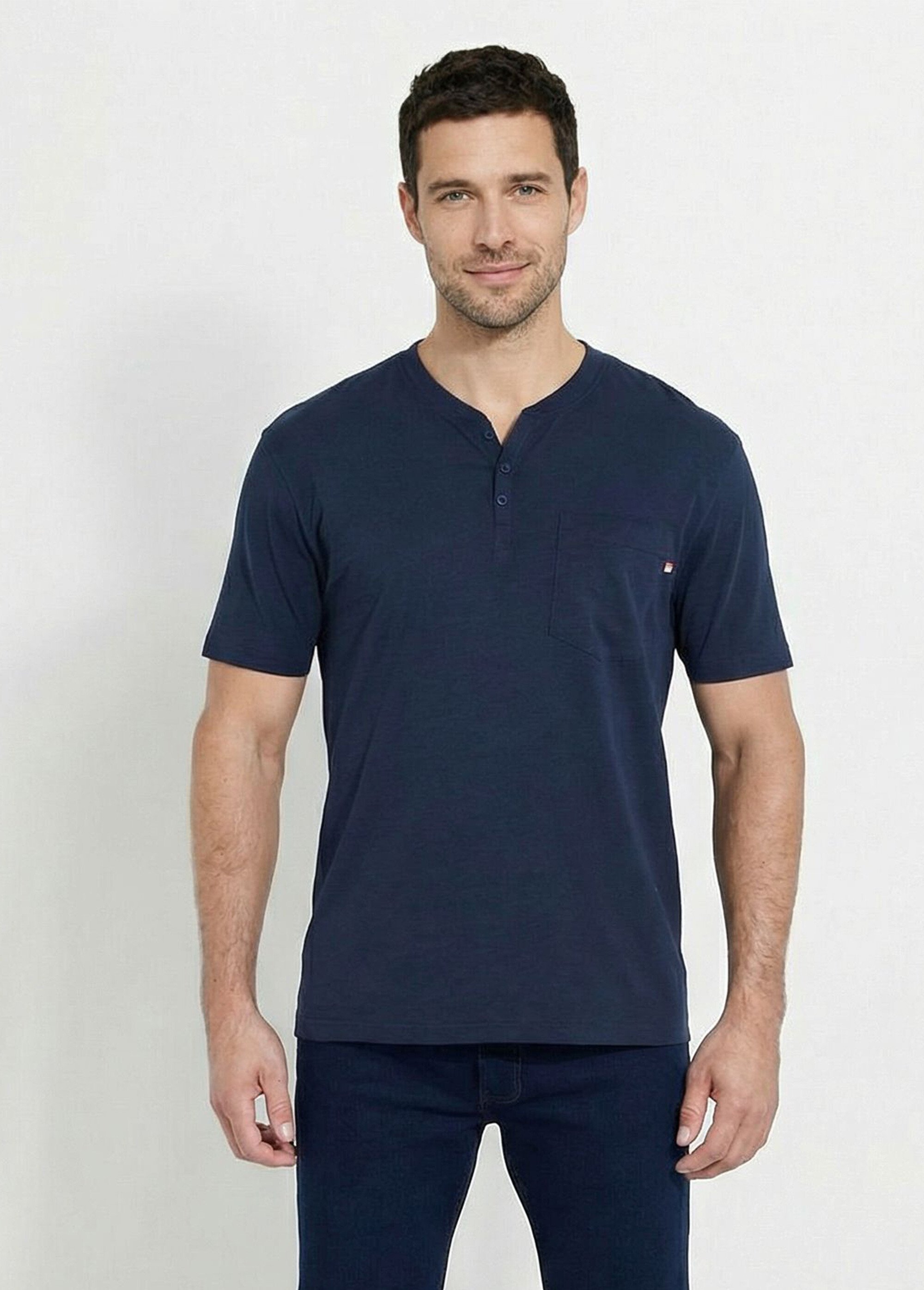 T-shirt col tunisien manches courtes jersey uni Homme Bleu FARGO FA1