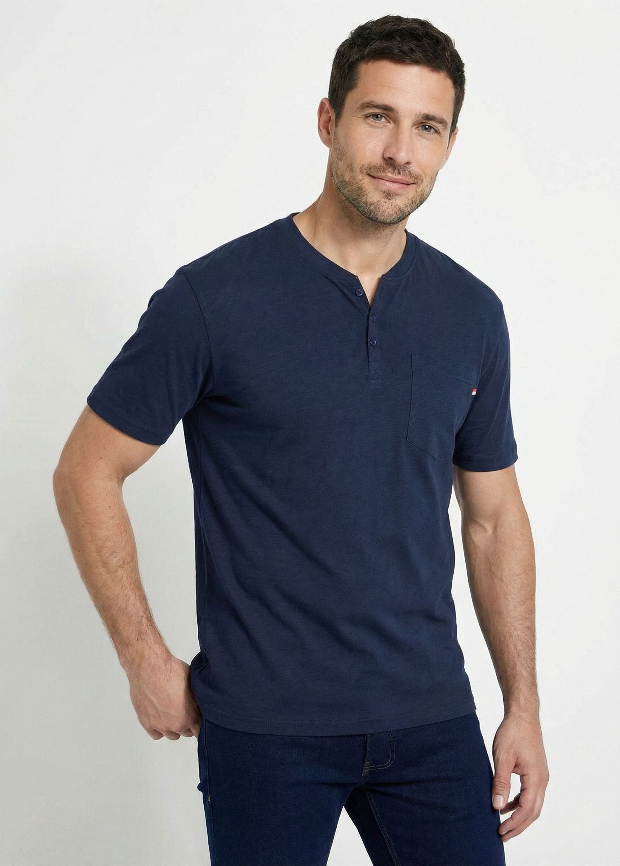 T-shirt col tunisien manches courtes jersey uni Homme Bleu FARGO MV1