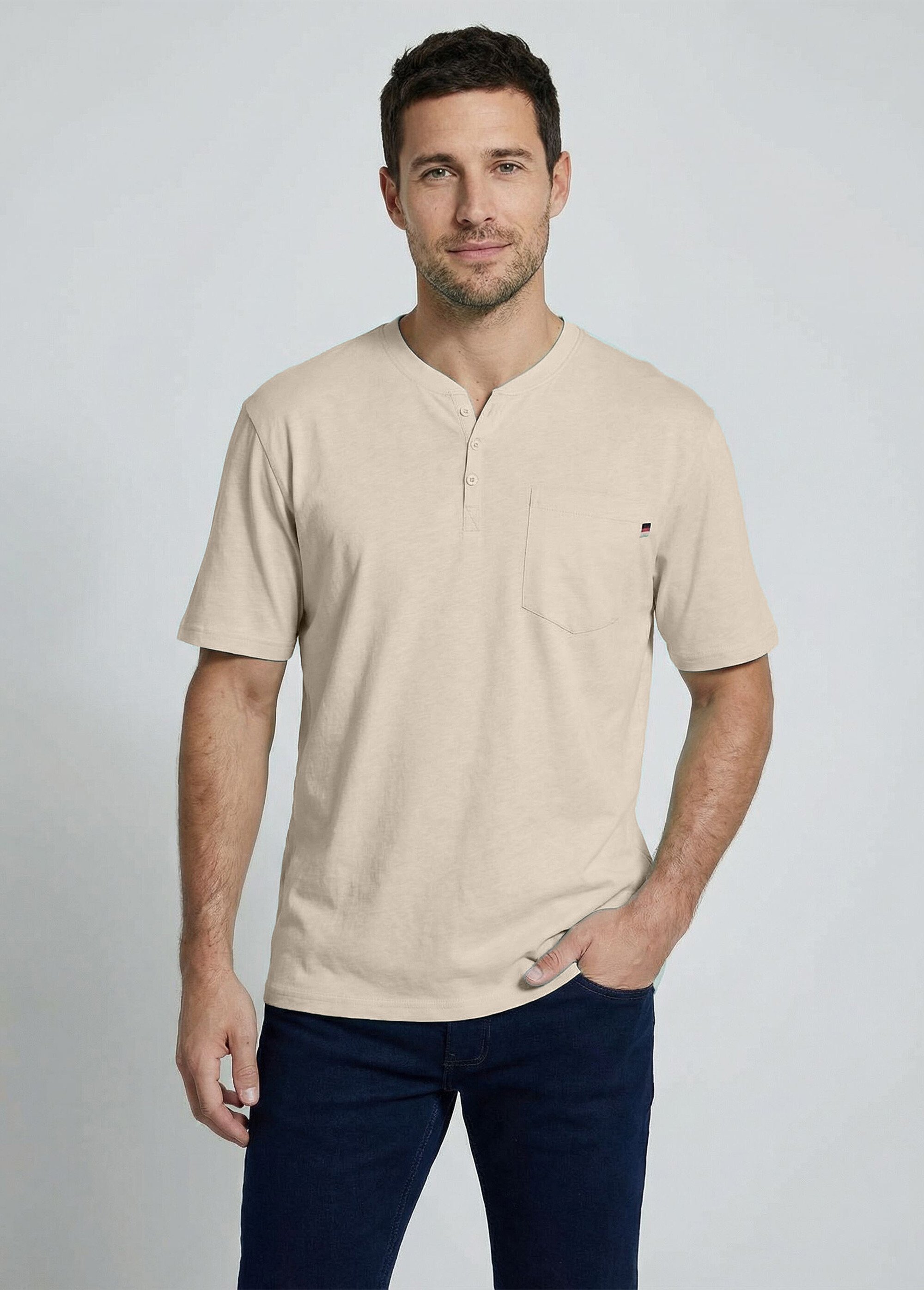 T-shirt col tunisien manches courtes jersey uni Homme Beige FARGO FA1