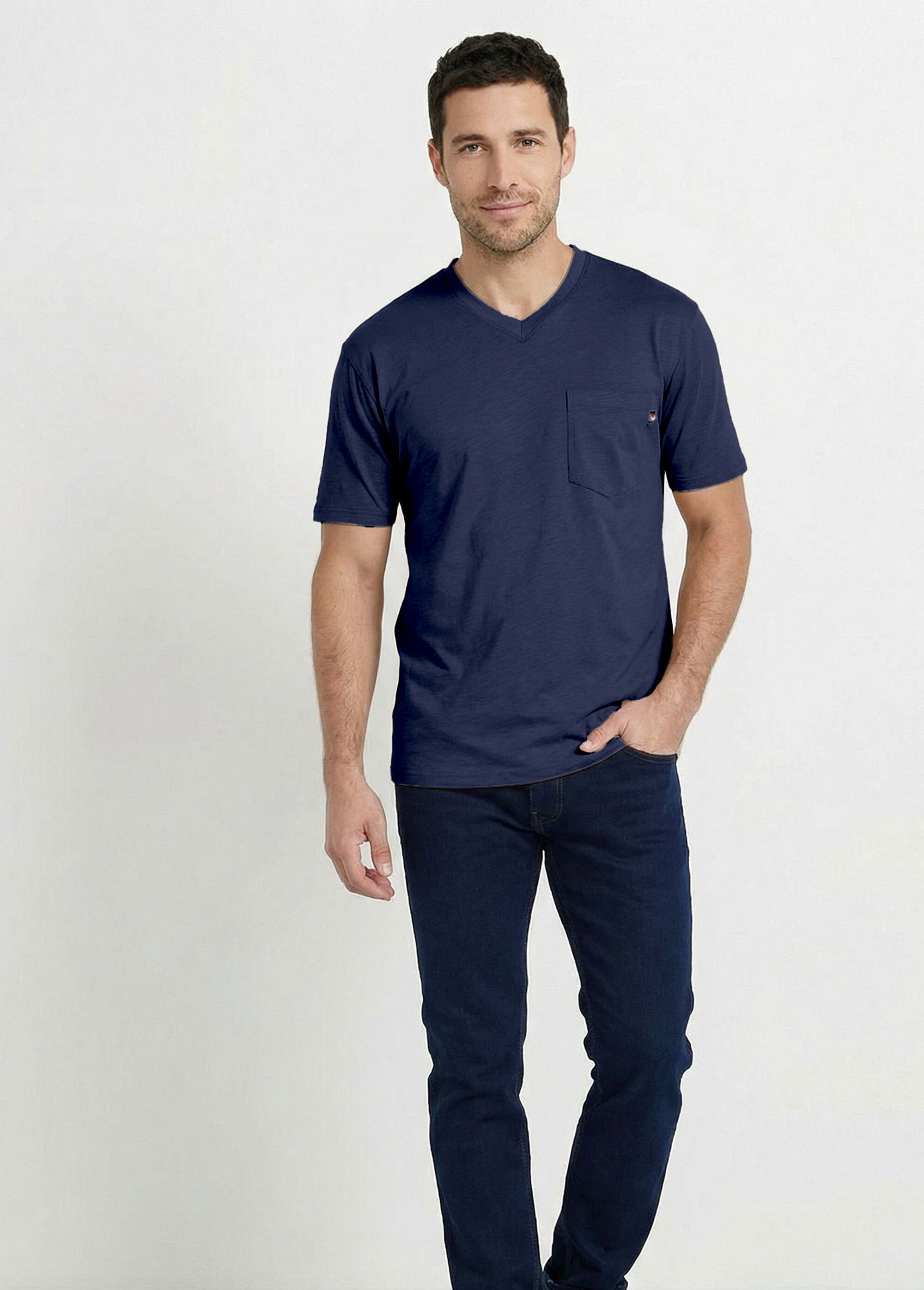 T-shirt col V manches courtes jersey uni Homme Bleu FIDELIO SF1