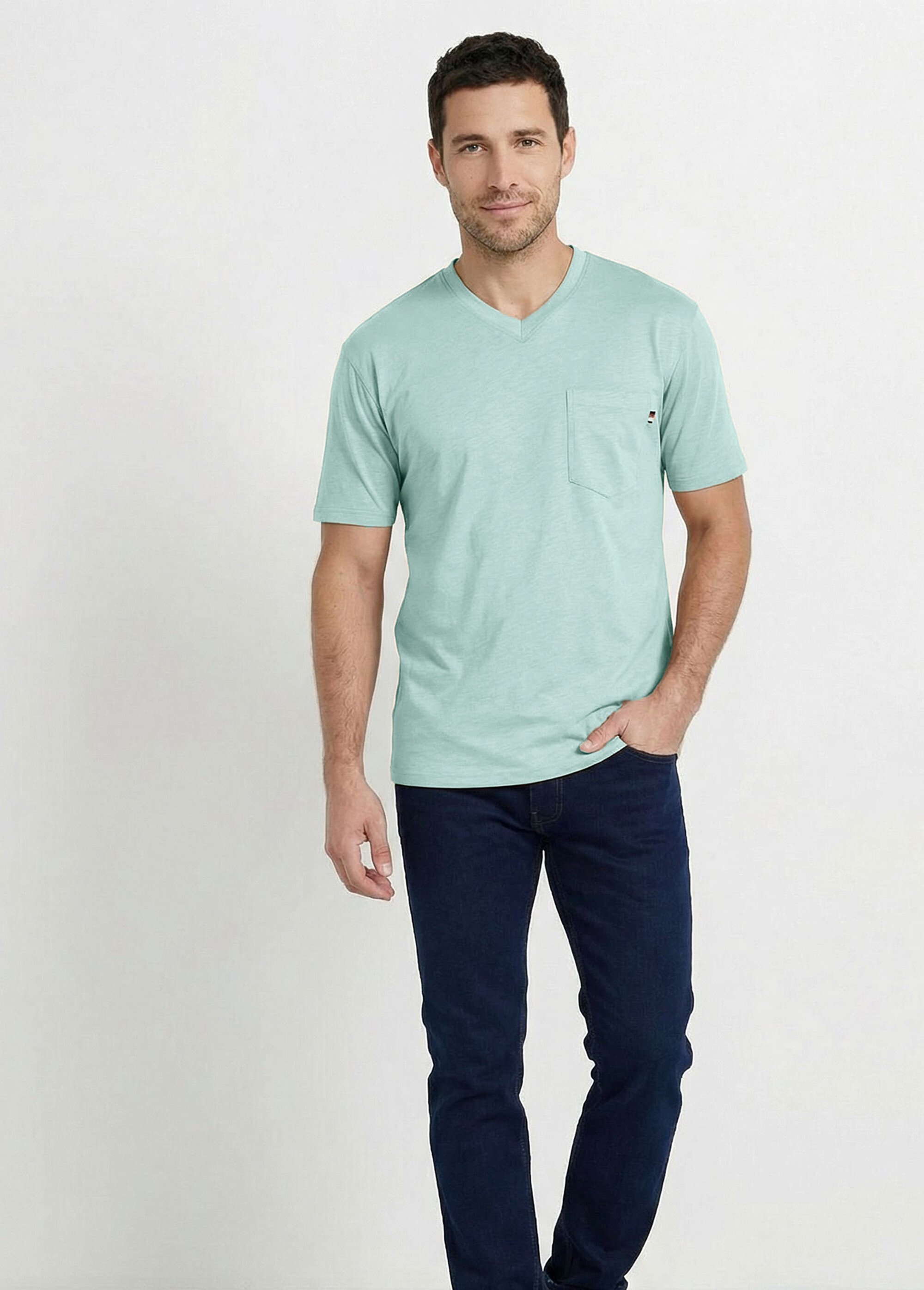 T-shirt col V manches courtes jersey uni Homme Vert FIDELIO SF1