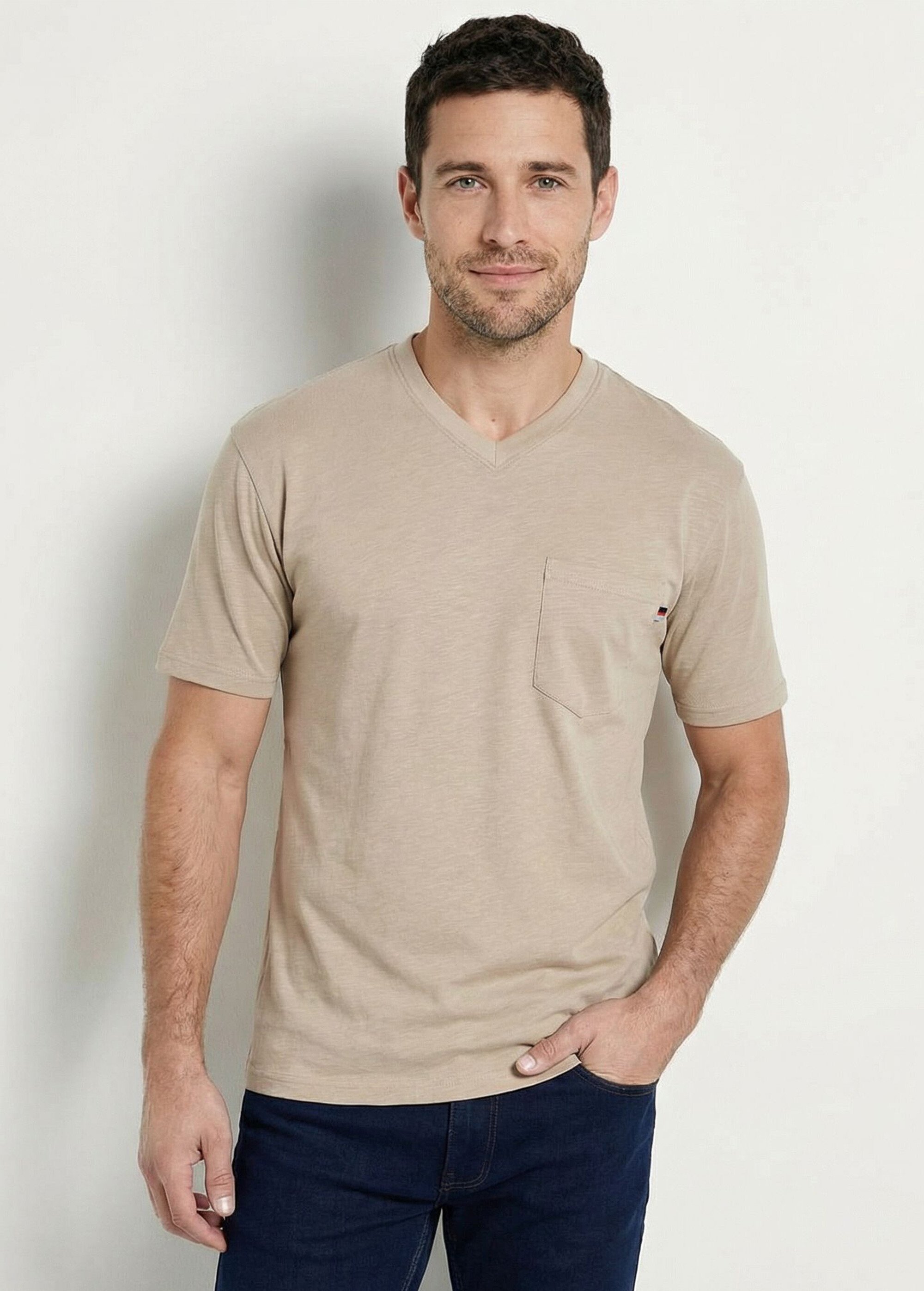 T-shirt col V manches courtes jersey uni Homme Beige FIDELIO FA1